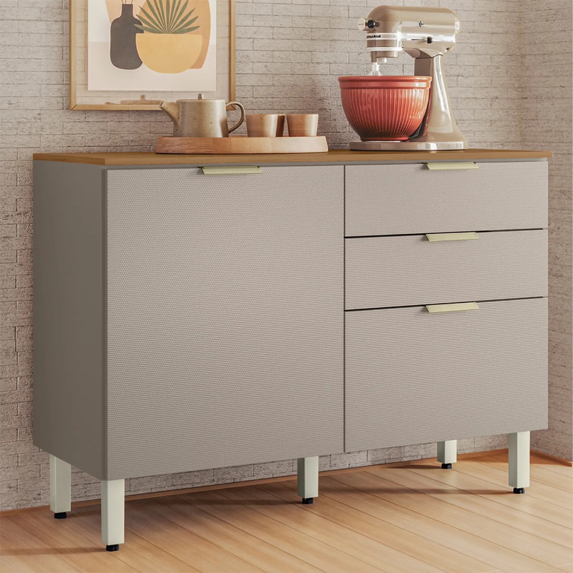 Balcão com Tampo 2 Portas 2 Gavetas 120cm MDP Alba Demóbile - Amendola/Nude Prime TX