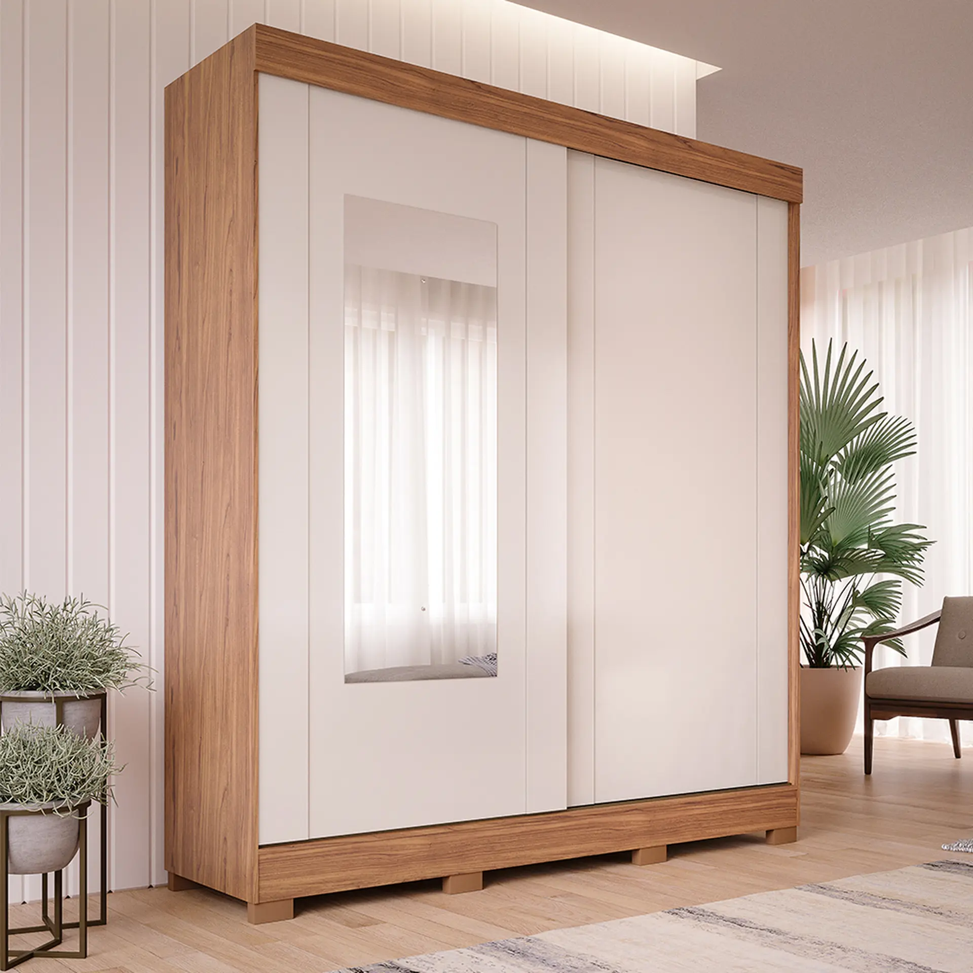 Guarda-Roupa Casal 2 Portas Correr 3 Gavetas Ilhéus Panan Roupeiro - Cinamomo/ Off white
