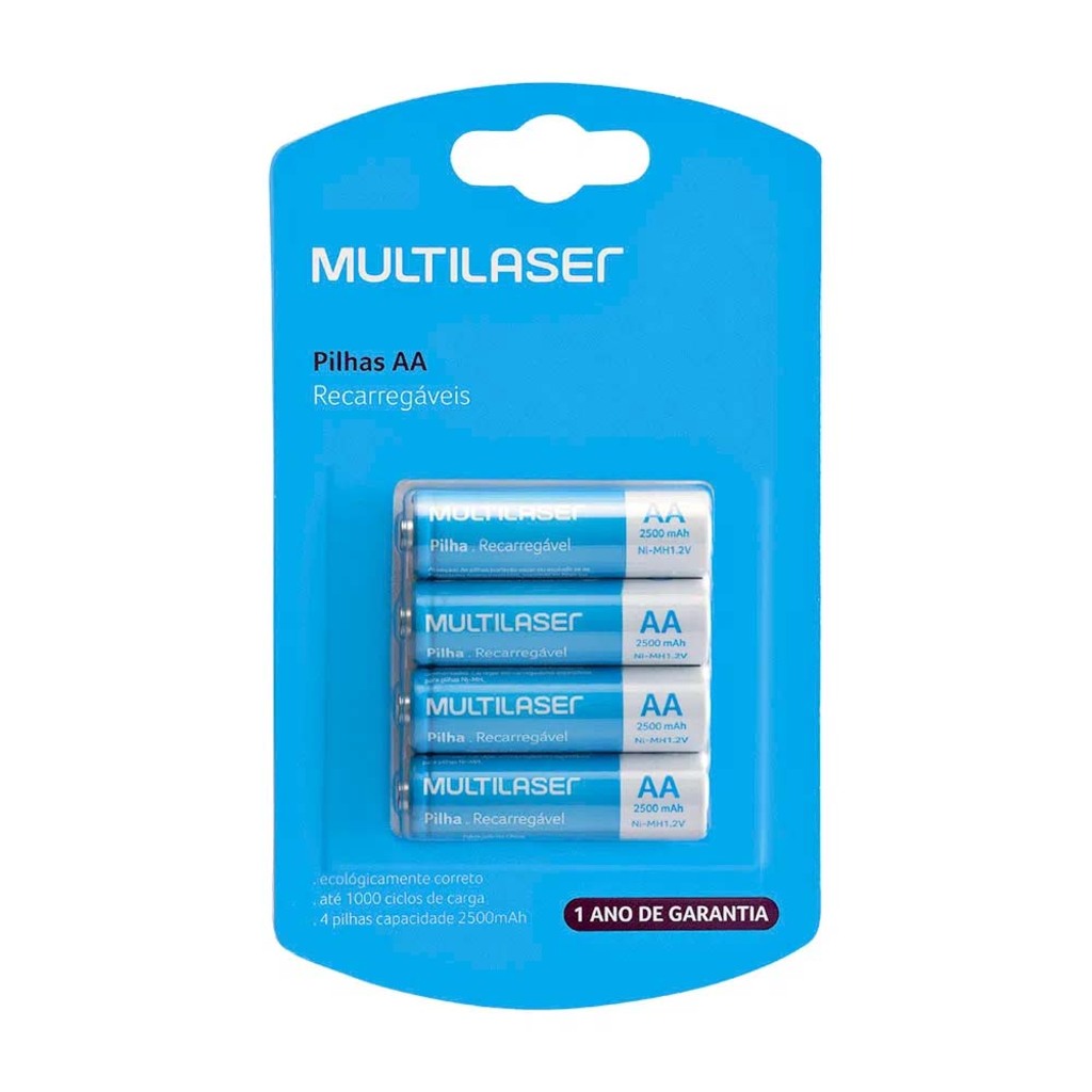 Pilha Recarregável AA 2500MAH Multilaser CB052 - Blister com 4 Pilhas