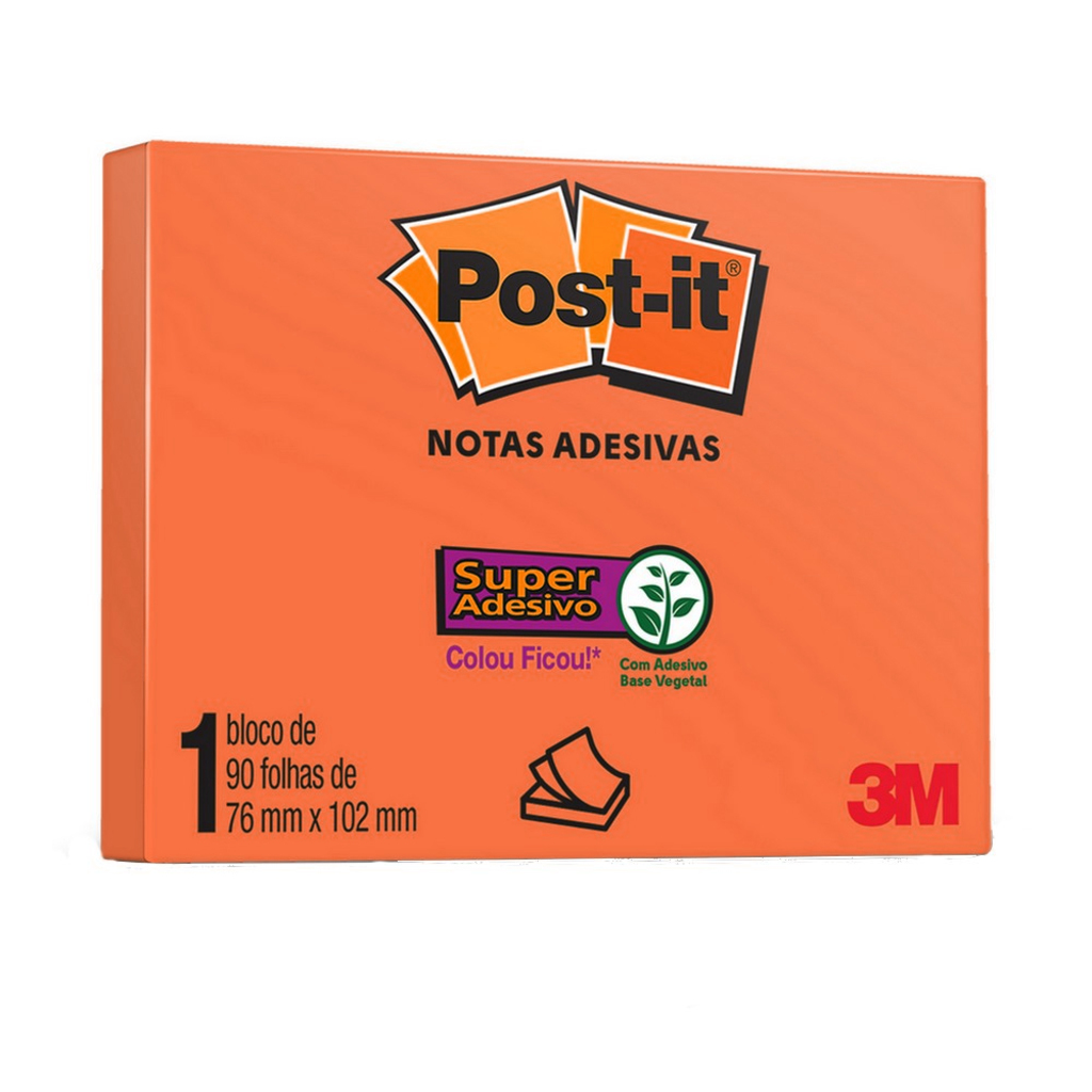Bloco de Notas Adesivo 76X102mm com 1 Bloco de 90 Folhas Laranja Neon - Post-it - 3M - HB004392112