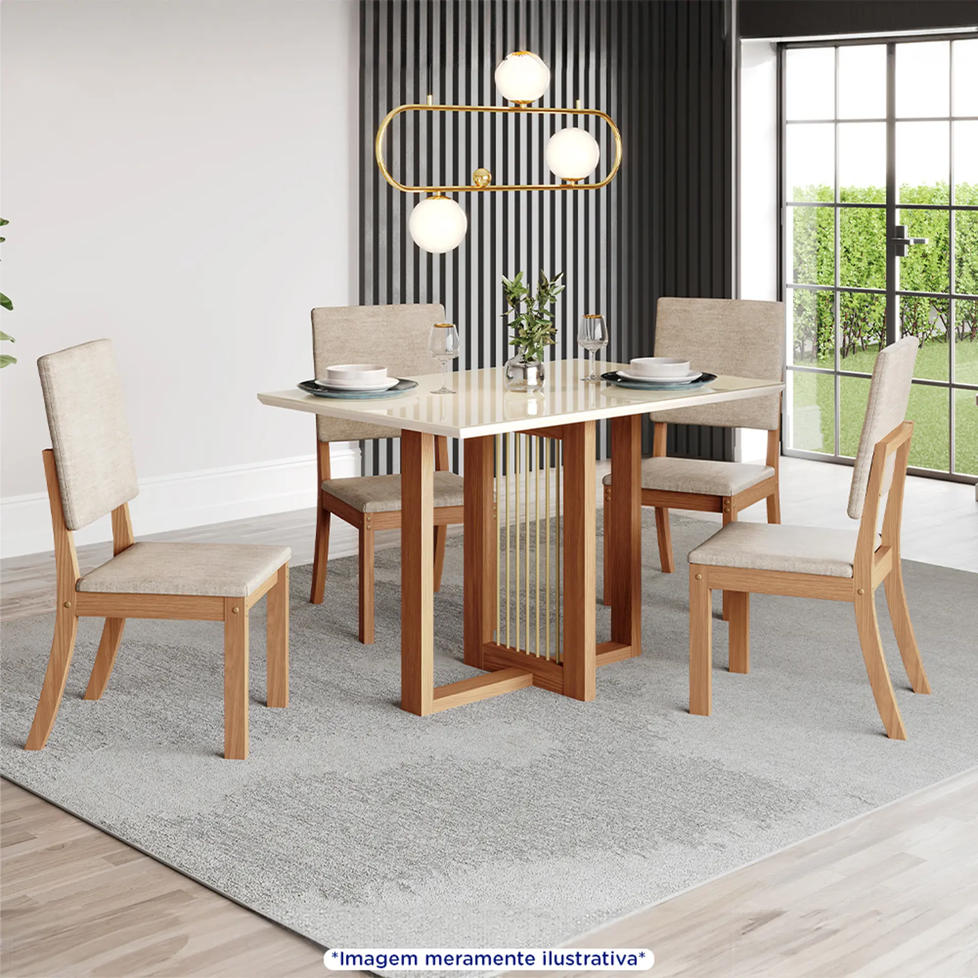 Conjunto de Mesa 4 Cadeiras Tampo MDF com Assento Estofado Natalí Henn - Nature/Off white/Creme