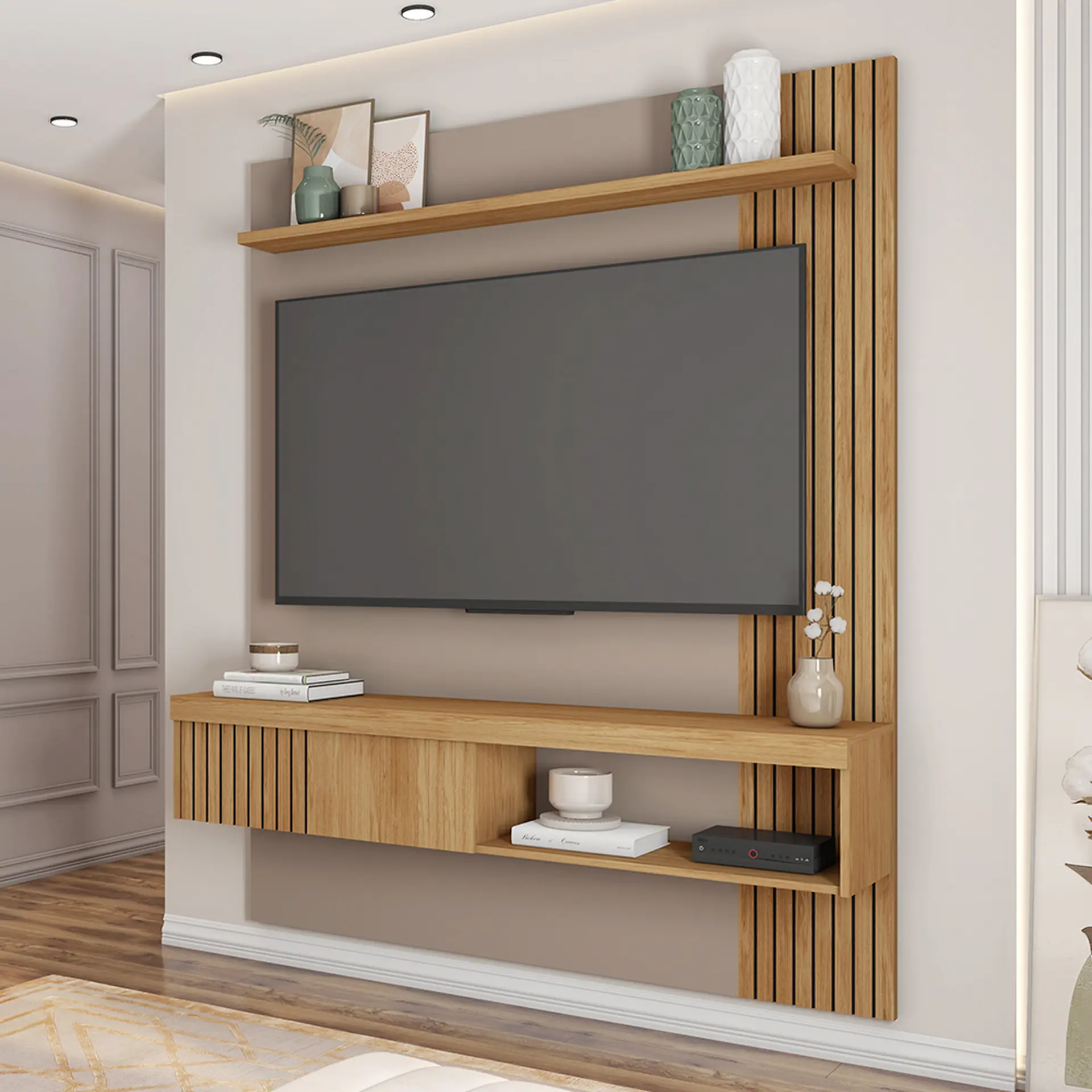 Painel para TV até 55" com Porta Deslizante Jade Caemmun - Buriti/Fendi
