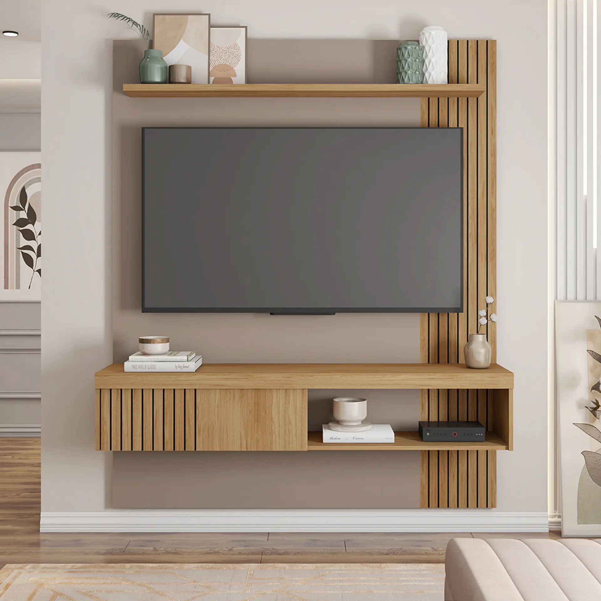 Painel para TV até 55" com Porta Deslizante Jade Caemmun - Buriti/Fendi