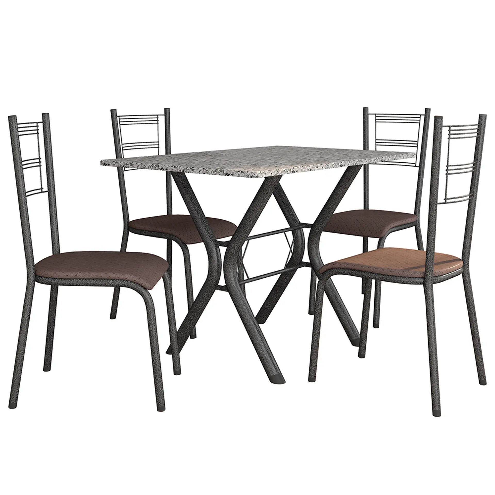Conjunto de Mesa 4 Cadeiras Tampo Granito Santiago Fabone - Preto Prata/Cacau