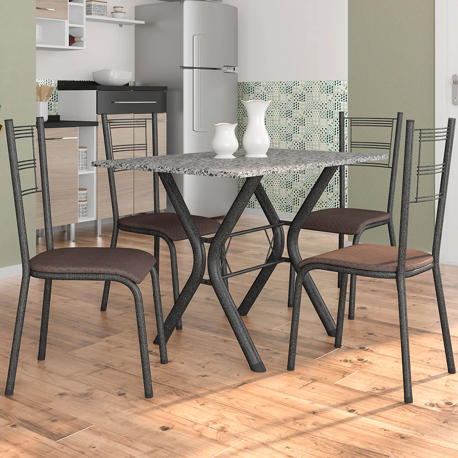 Conjunto de Mesa 4 Cadeiras Tampo Granito Santiago Fabone - Preto Prata/Cacau