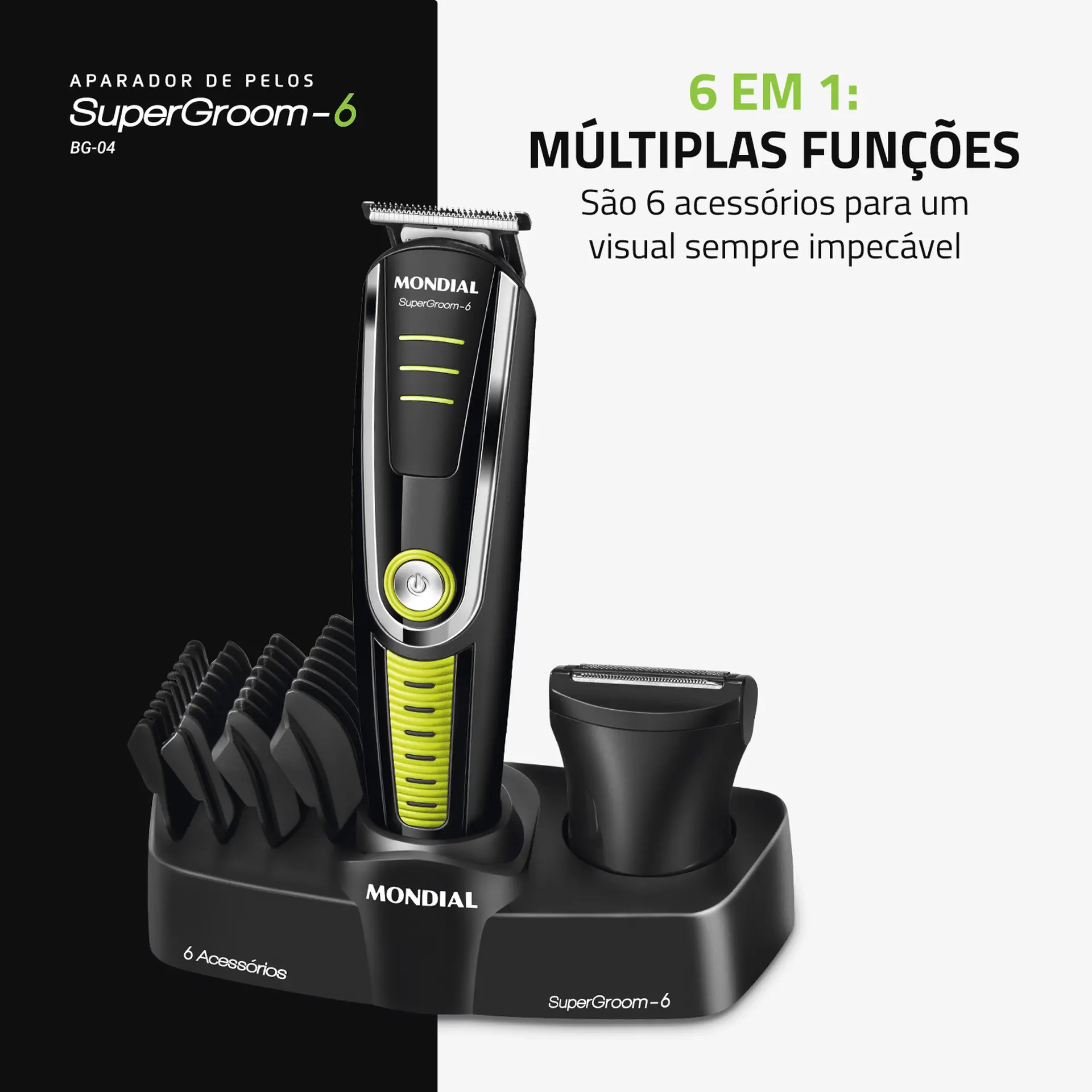 Aparador de Pelos Mondial Super Groom 6 4 Pentes 1 Velocidade 6W Sem Fio - Preto - Bivolt