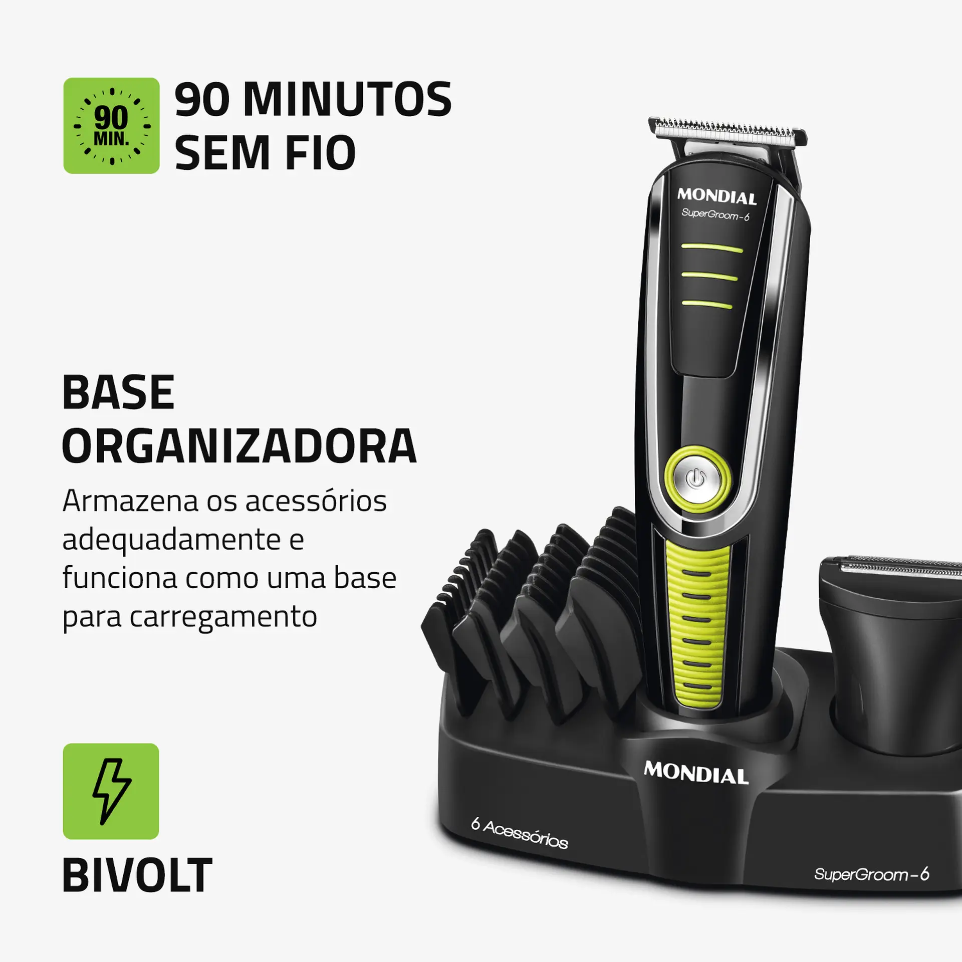 Aparador de Pelos Mondial Super Groom 6 4 Pentes 1 Velocidade 6W Sem Fio - Preto - Bivolt