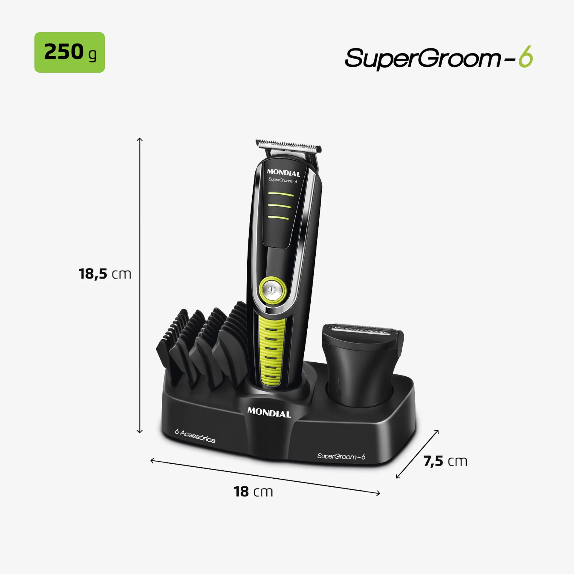 Aparador de Pelos Mondial Super Groom 6 4 Pentes 1 Velocidade 6W Sem Fio - Preto - Bivolt