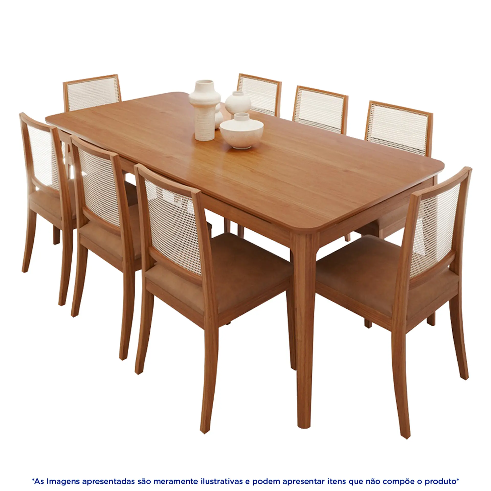 Conjunto de Mesa 8 Cadeiras Tampo MDF com Assento Estofado Baoba Cimol - Madeira/Cinanomo/Kaki