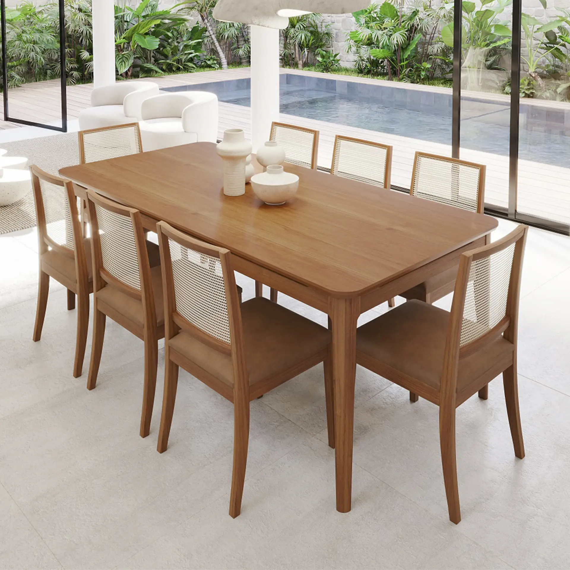 Conjunto de Mesa 8 Cadeiras Tampo MDF com Assento Estofado Baoba Cimol - Madeira/Cinanomo/Kaki