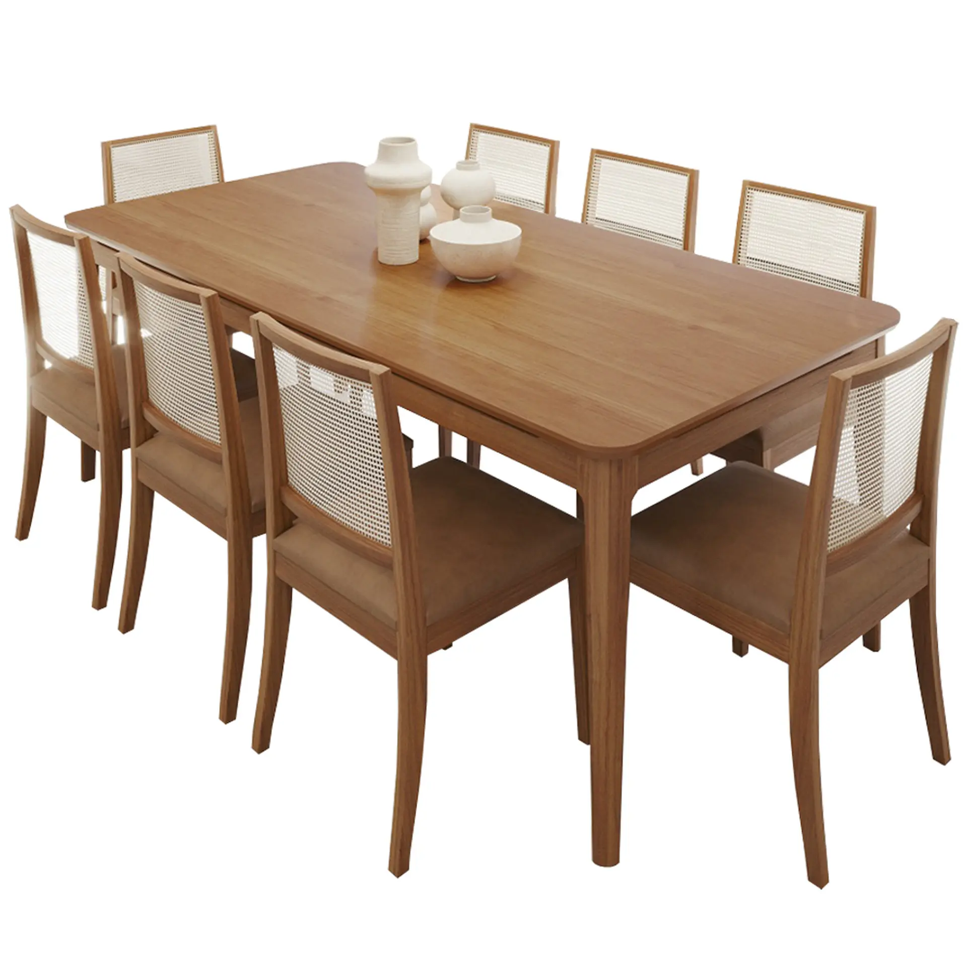 Conjunto de Mesa 8 Cadeiras Tampo MDF com Assento Estofado Baoba Cimol - Madeira/Cinanomo/Kaki