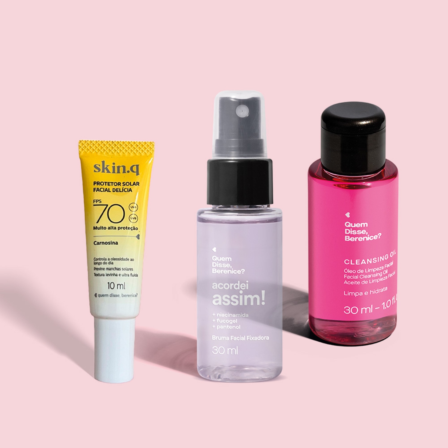 Combo Mini Skincare: Protetor Solar Facial FPS 70 10ml + Bruma Facial Fixadora 30ml + Óleo de Limpeza Facial 30ml