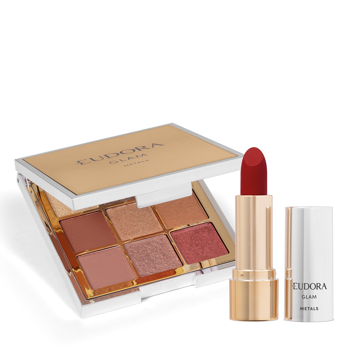Combo Eudora GLAM Metals: Paleta de Sombra 5,8g + Batom Vermelho Precioso 3,6g
