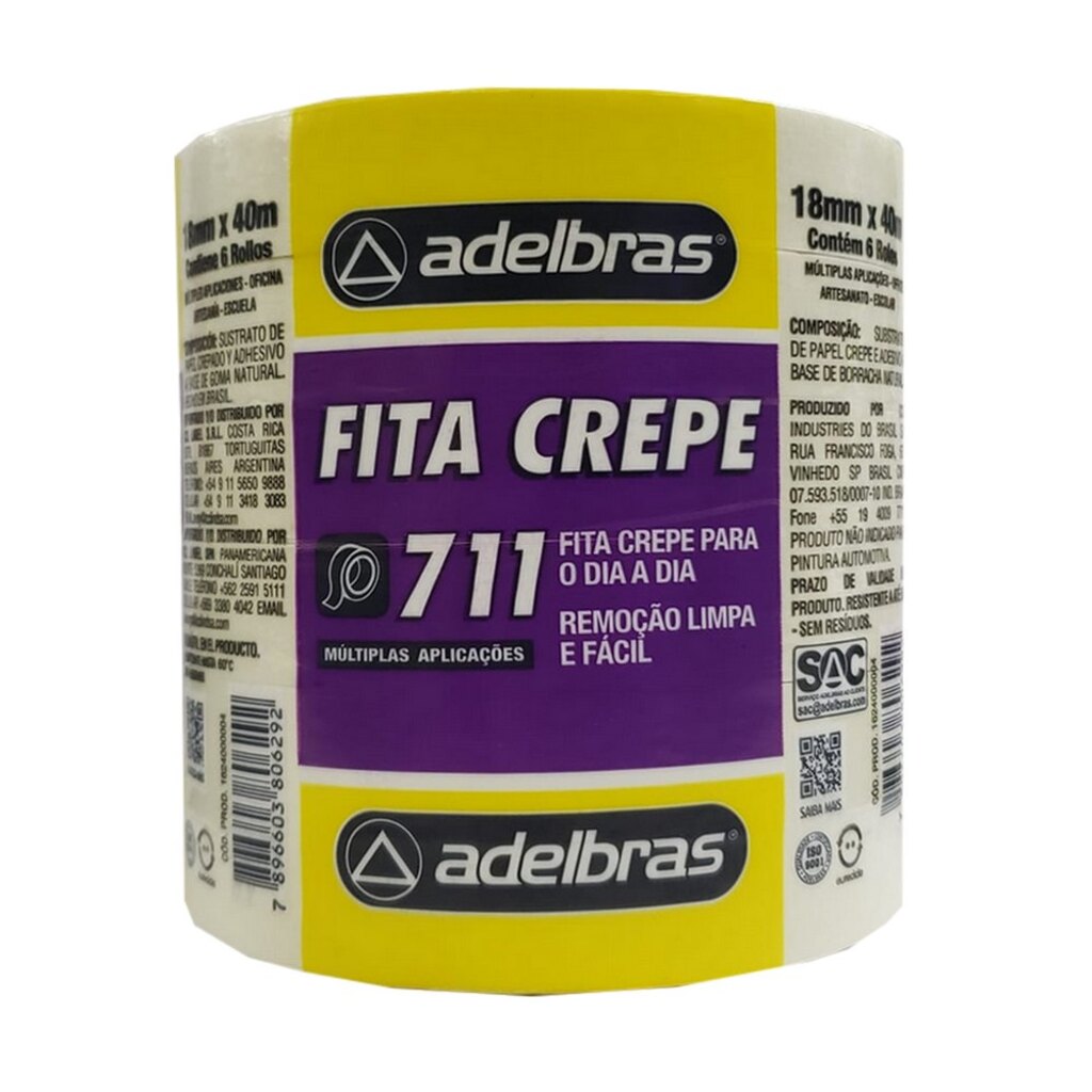 Fita Crepe 18mm x 40 Metros Branco Adelbras - Pacote com 6 Unidades - 1624000004