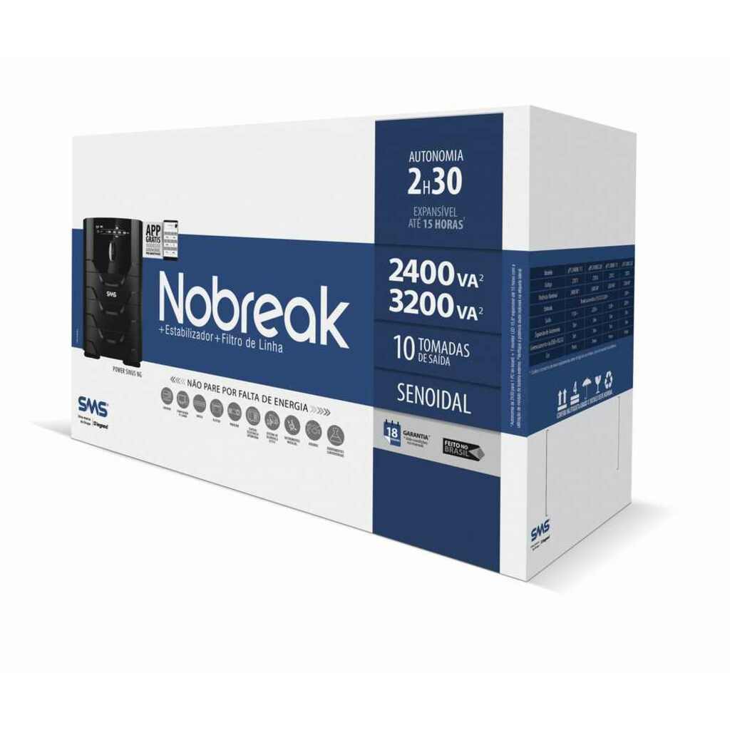 No-Break Senoidal SMS Power Sinus NG 3.2 KVA Entrada Bivolt e Saída 115V 2 Baterias- com Conexão para Bateria Externa - 27872