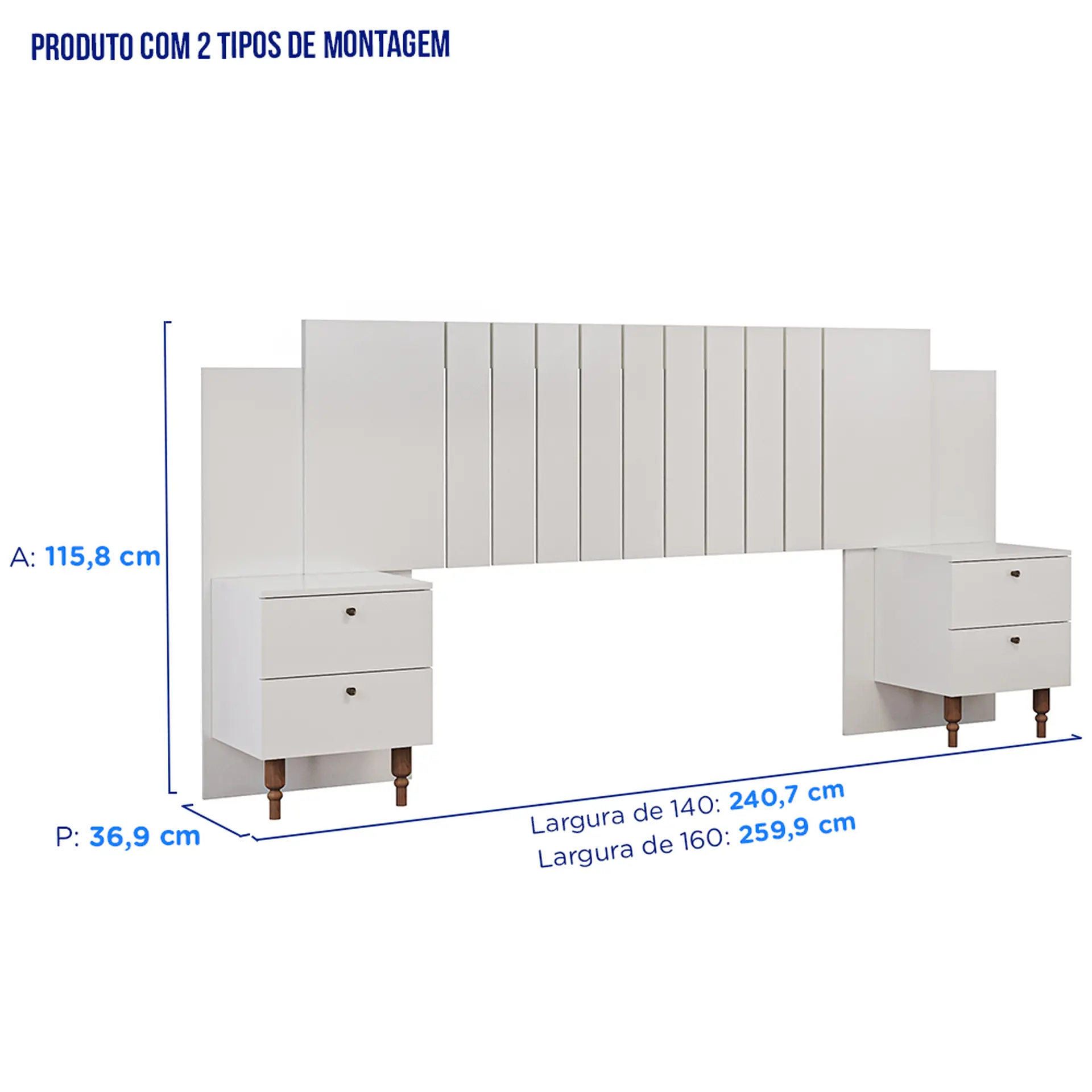 Cabeceira Casal Extensível até 160cm MDF com Mesa de Cabeceira Gênova Panan - Off White