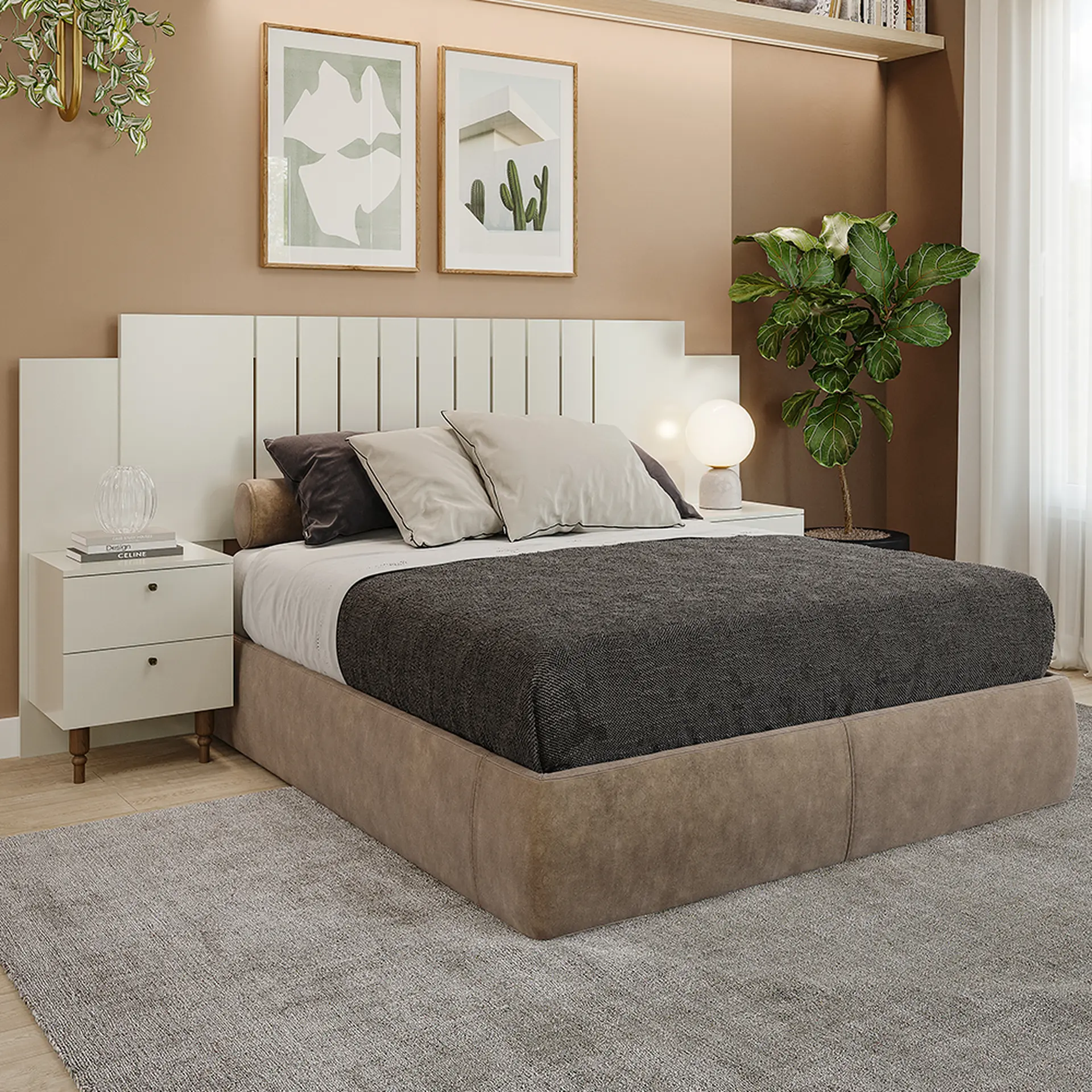 Cabeceira Casal Extensível até 160cm MDF com Mesa de Cabeceira Gênova Panan - Off White