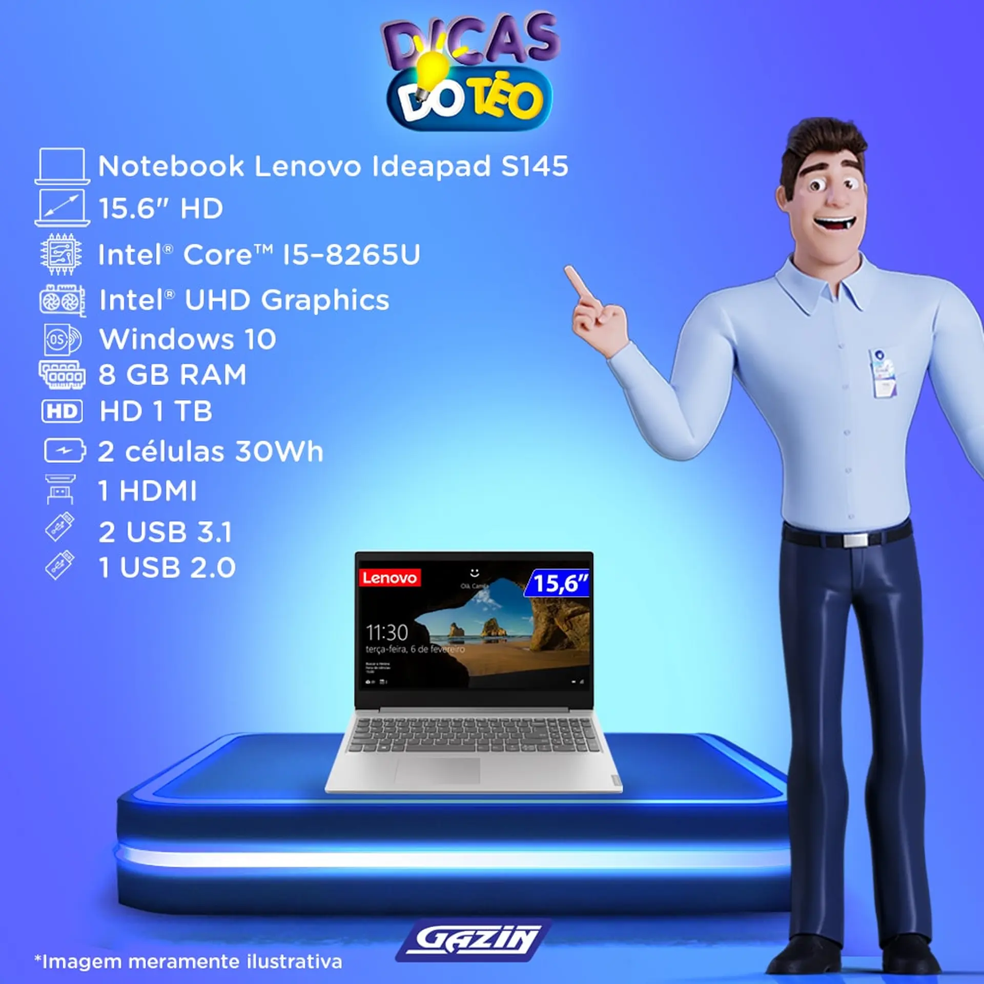 Notebook Lenovo Ideapad S145 i5 W10 8GB 1TB HD 15.6" 81S90005BR - Prata - Bivolt