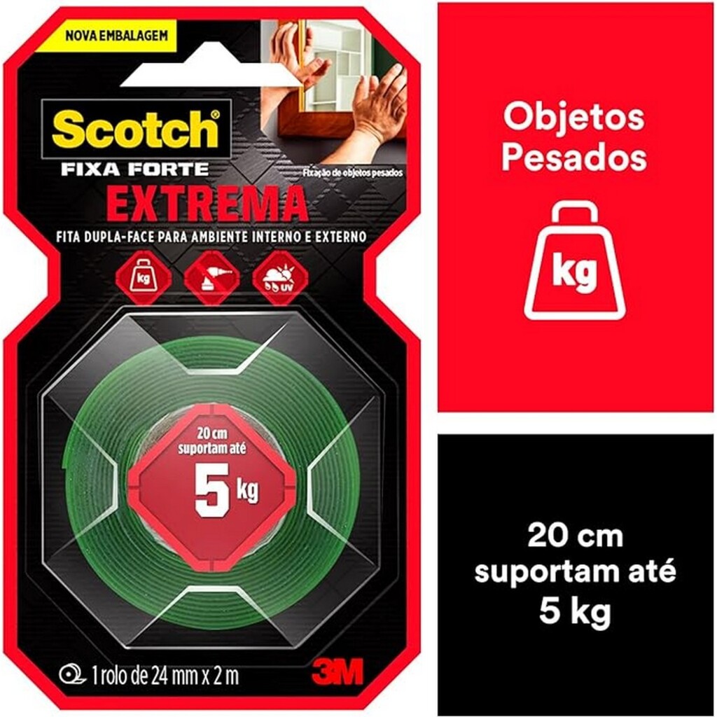 Fita Dupla Face de Acrílico 24mm x 2 Metros Unitário Fixa Forte Fixação Extrema - Scotch 3M - HB004492250