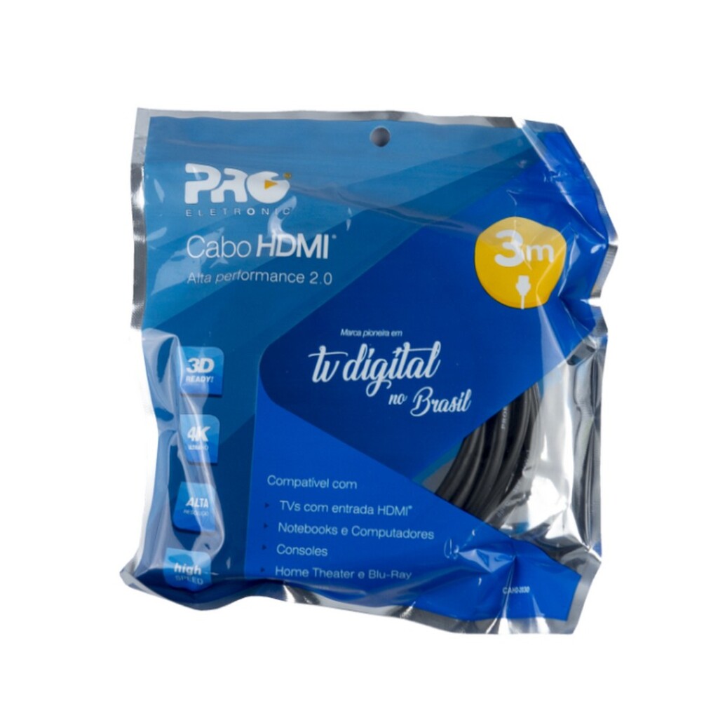 Cabo HDMI Macho x Macho 2.0 4K 3D 19 Pinos 3,0 Metros - Proeletronic - CAHD-2030