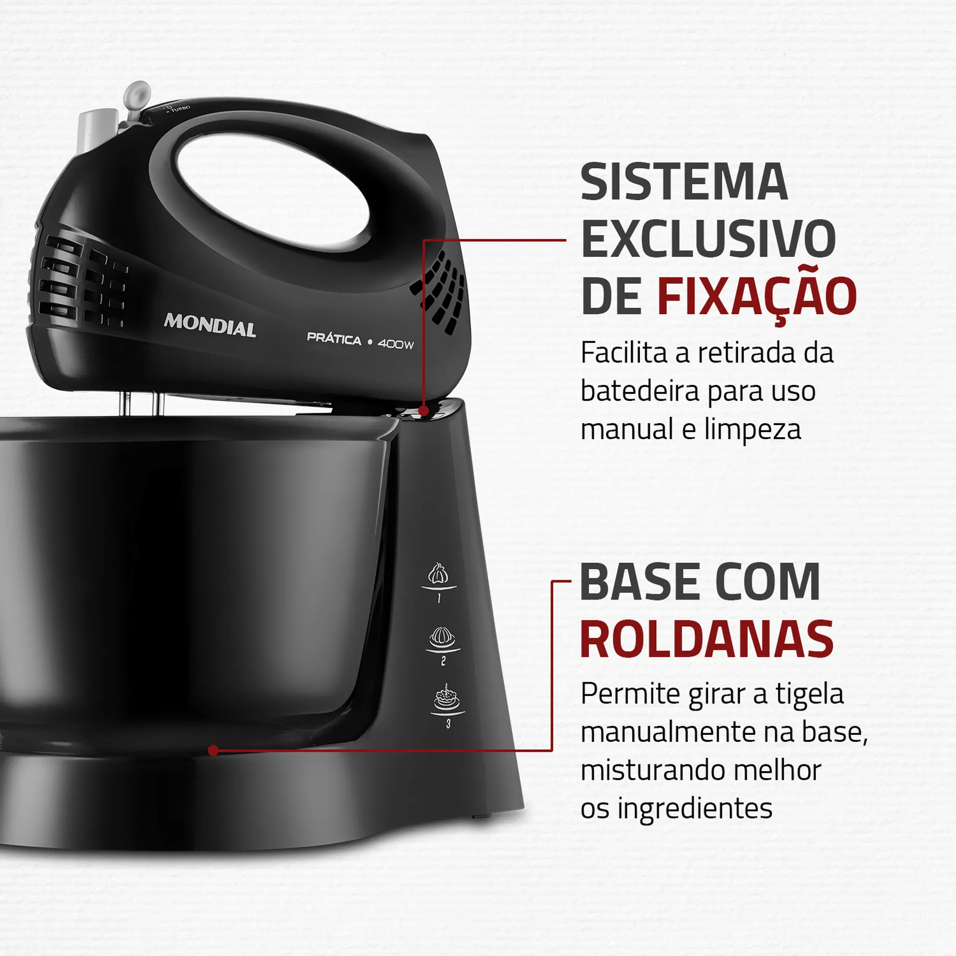 Batedeira Portátil Mondial Prática B-44B 3 Velocidades 400W Tigela 3,6L - Preto - 110 Volts