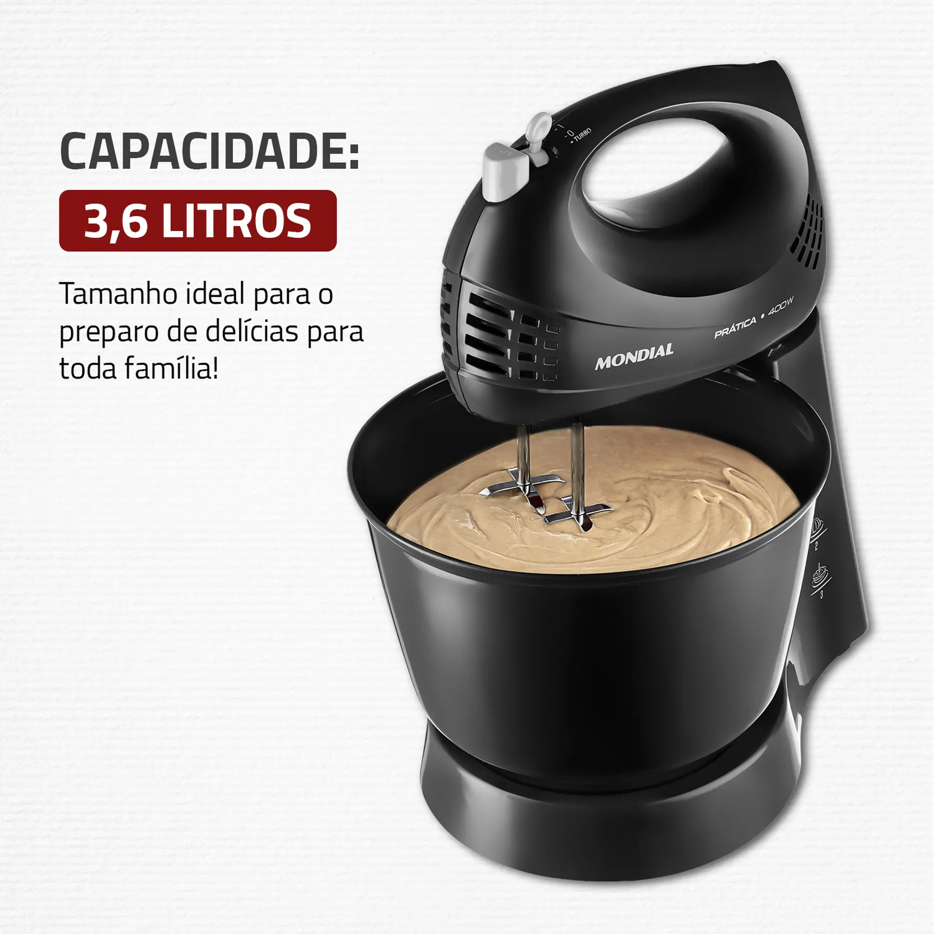 Batedeira Portátil Mondial Prática B-44B 3 Velocidades 400W Tigela 3,6L - Preto - 110 Volts