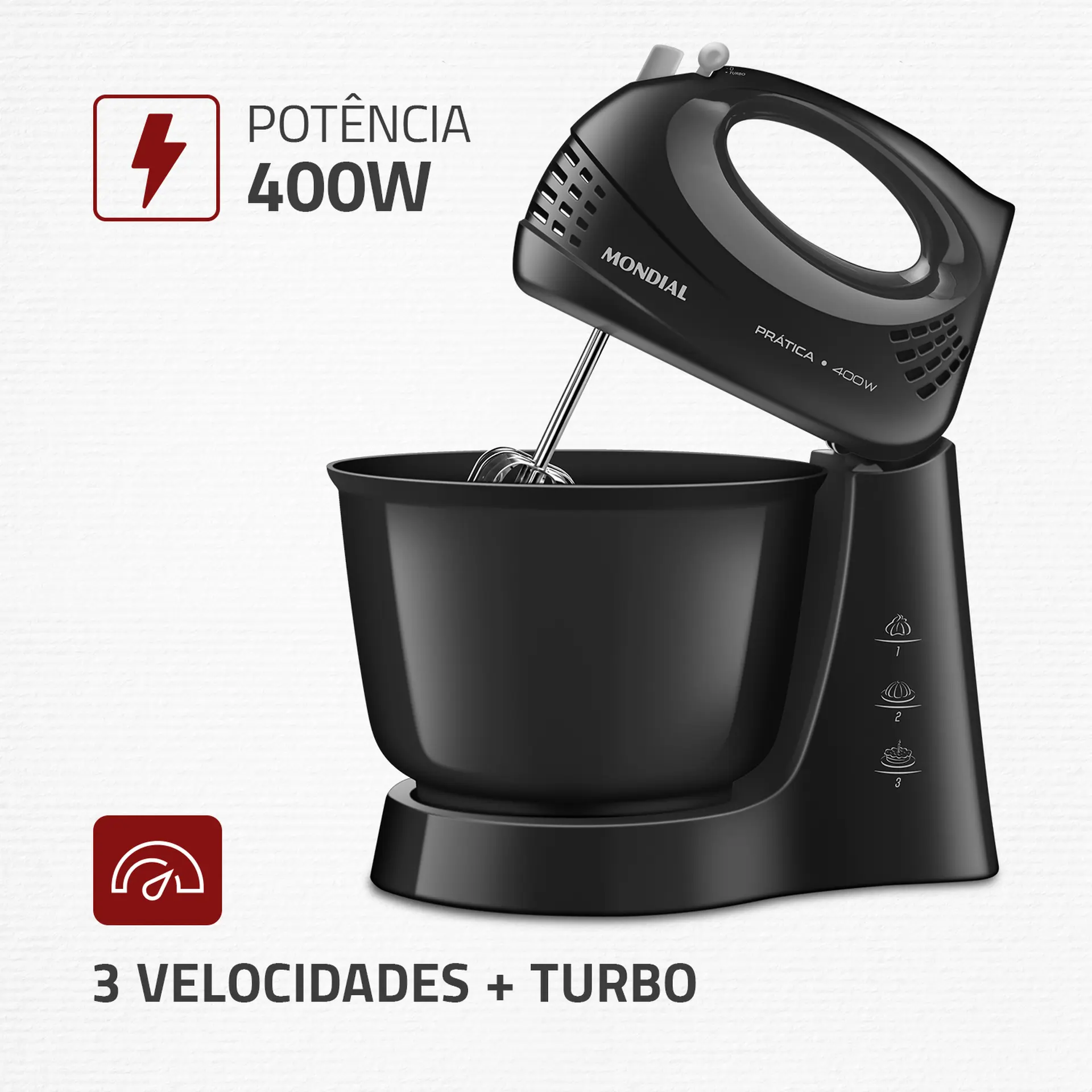 Batedeira Portátil Mondial Prática B-44B 3 Velocidades 400W Tigela 3,6L - Preto - 110 Volts