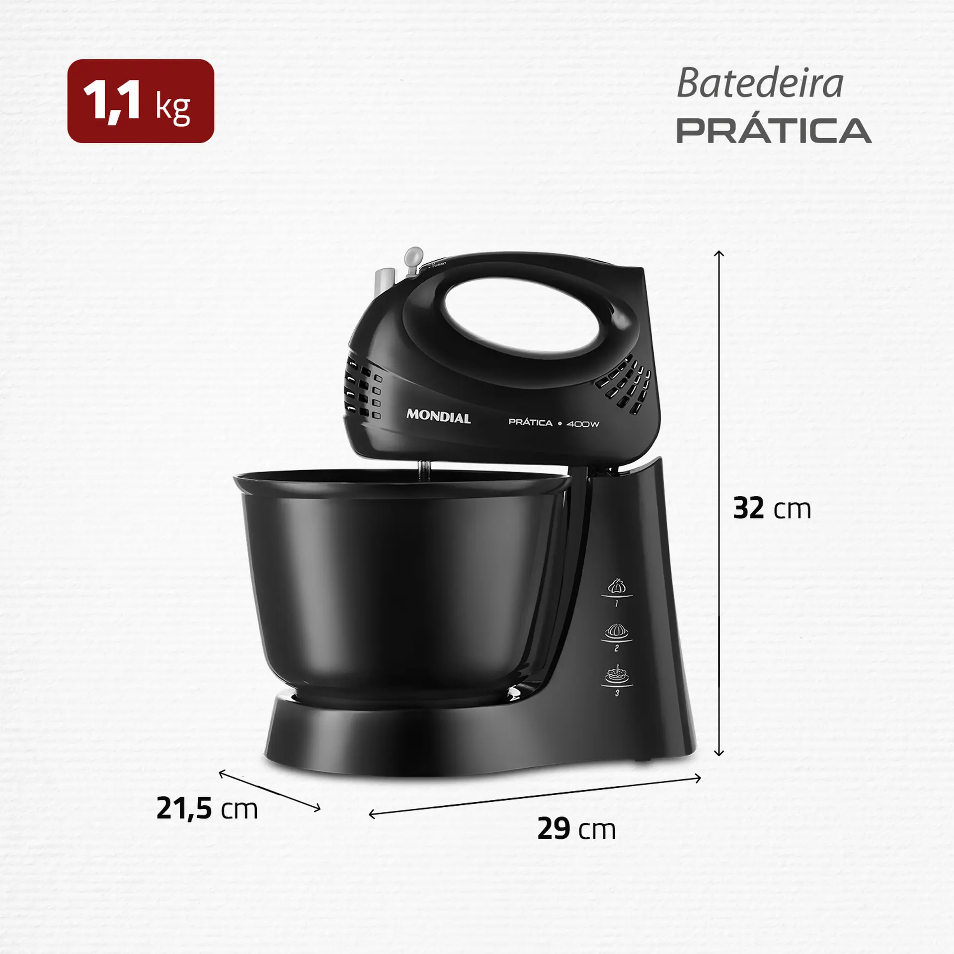 Batedeira Portátil Mondial Prática B-44B 3 Velocidades 400W Tigela 3,6L - Preto - 110 Volts