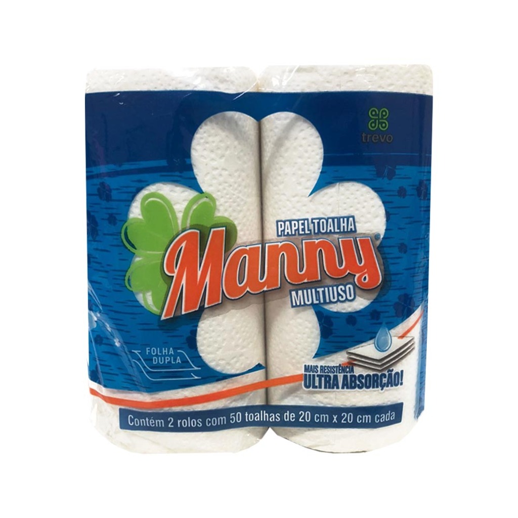 Papel Toalha Multiuso Branco Folha Dupla 20x20cm 50 folhas Manny - 1875 - Pacote com 2 Rolos