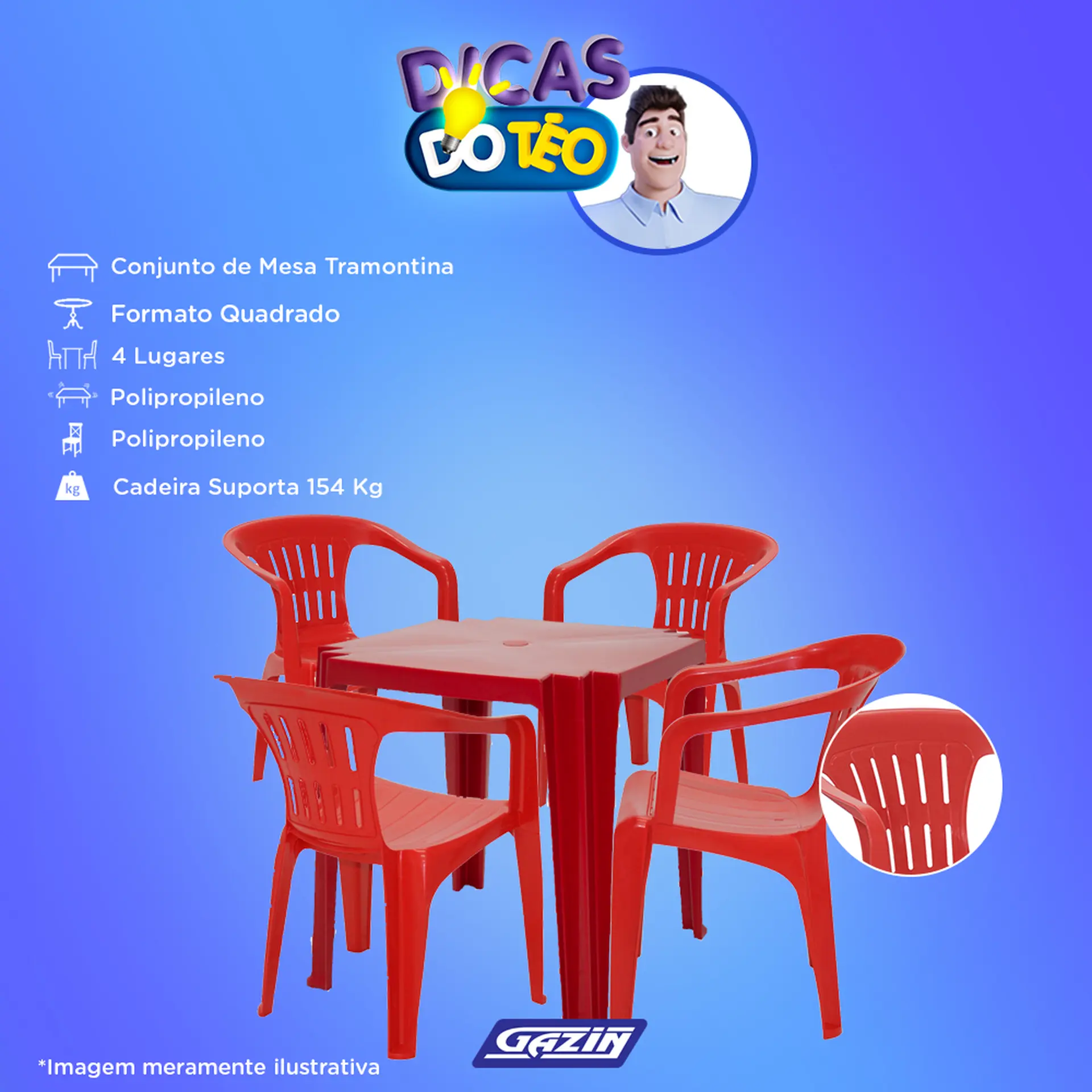 Conjunto de Mesa + 4 Cadeiras Plástico Tramontina - Vermelho