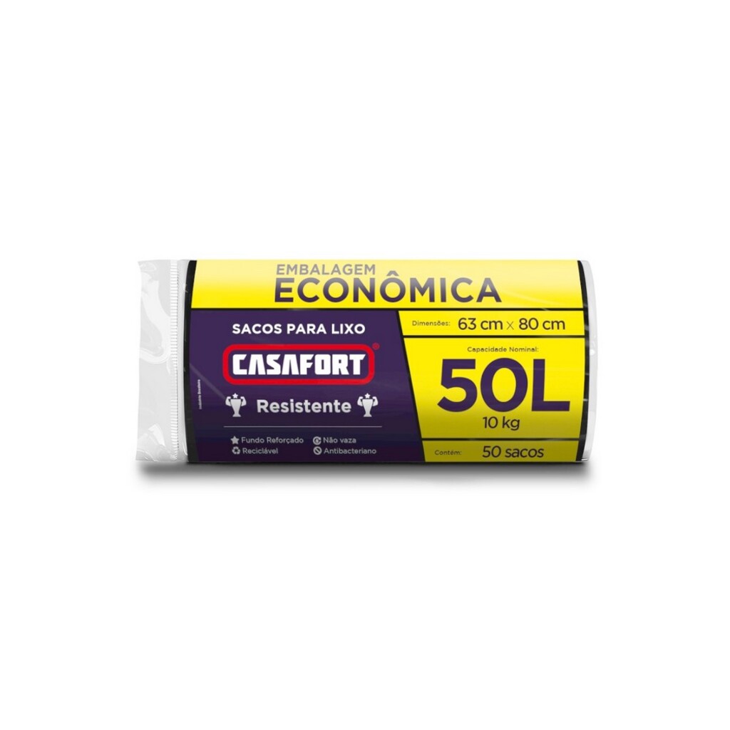Saco de Lixo Preto 50 Litros 63x80cm CasaFort - 10120945 - Pacote com 50 Unidades