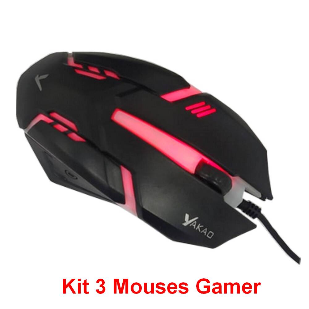 Kit 3 Mouse USB Gamer Yakao 1200 DPI Preto Led RGB V1 GAMER