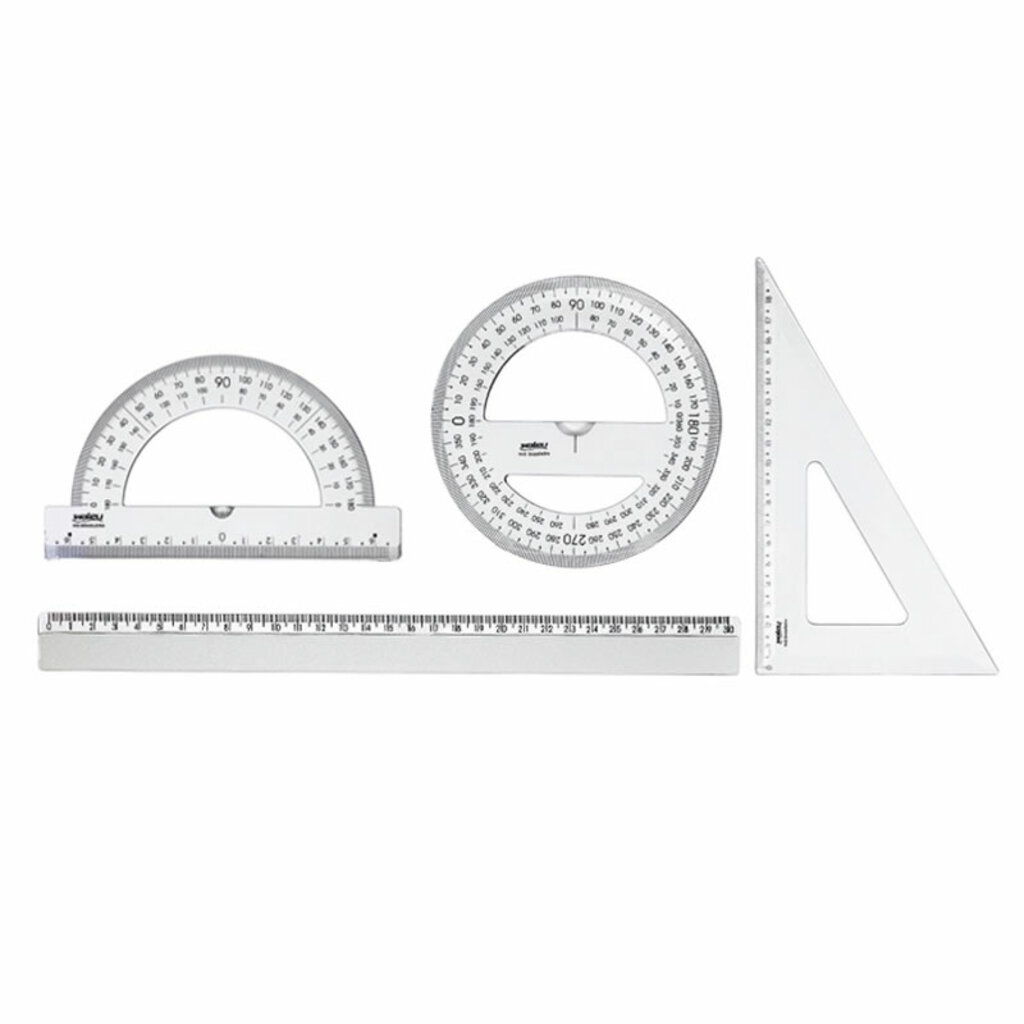 Kit Régua Geométrico Transparente Composto por 1 Régua 30cm, 1 Transferidor 180°, 1 Transferidor 360° e 1 Esquadro 60° - Maxcril - 10130002