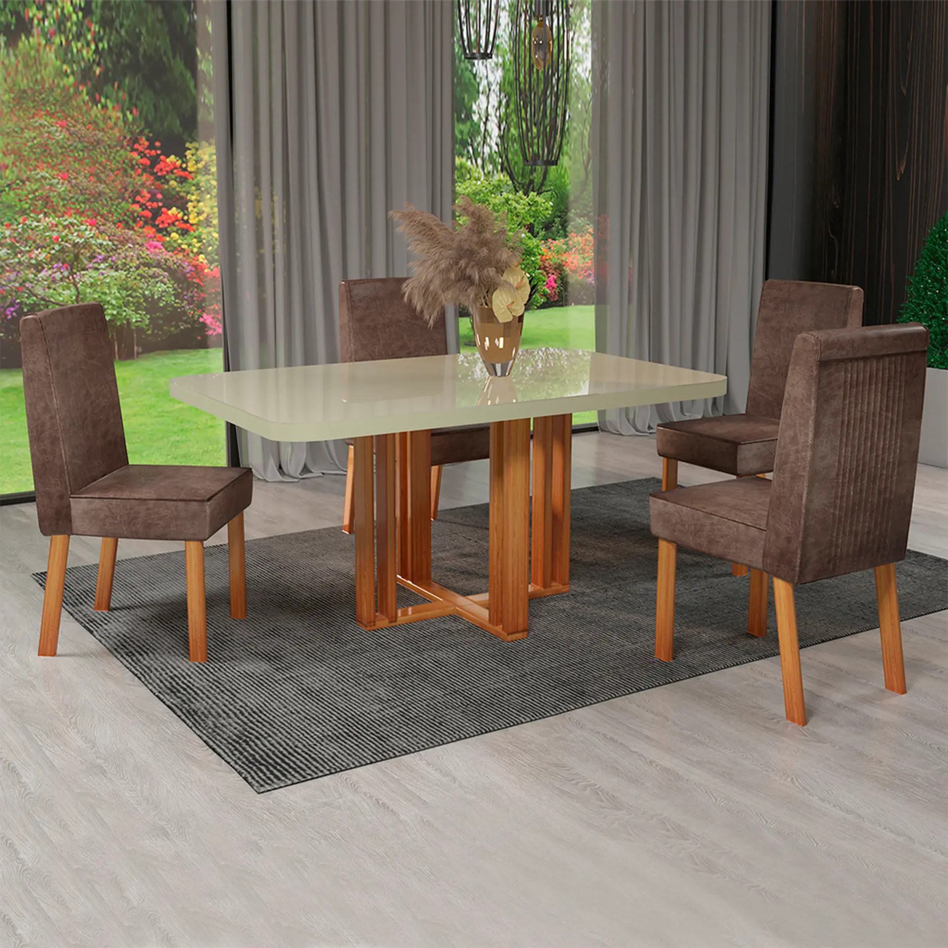 Conjunto de Mesa 4 Cadeiras Tampo MDF e Vidro Ghaia Bom Pastor - Naturale Off