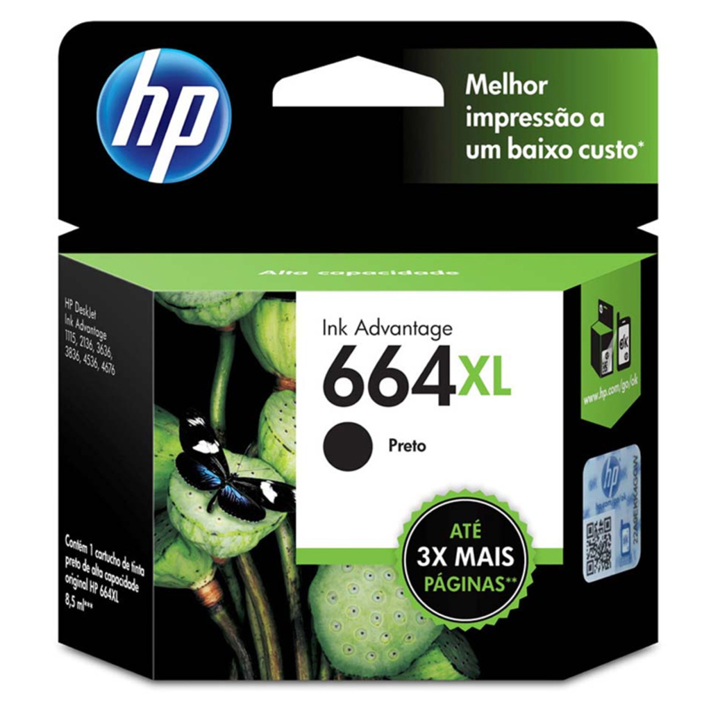 Cartucho de Tinta HP 664XL Preto Original - F6V31AB - 480 páginas para 2136, 2676, 3776, 5076, 5276