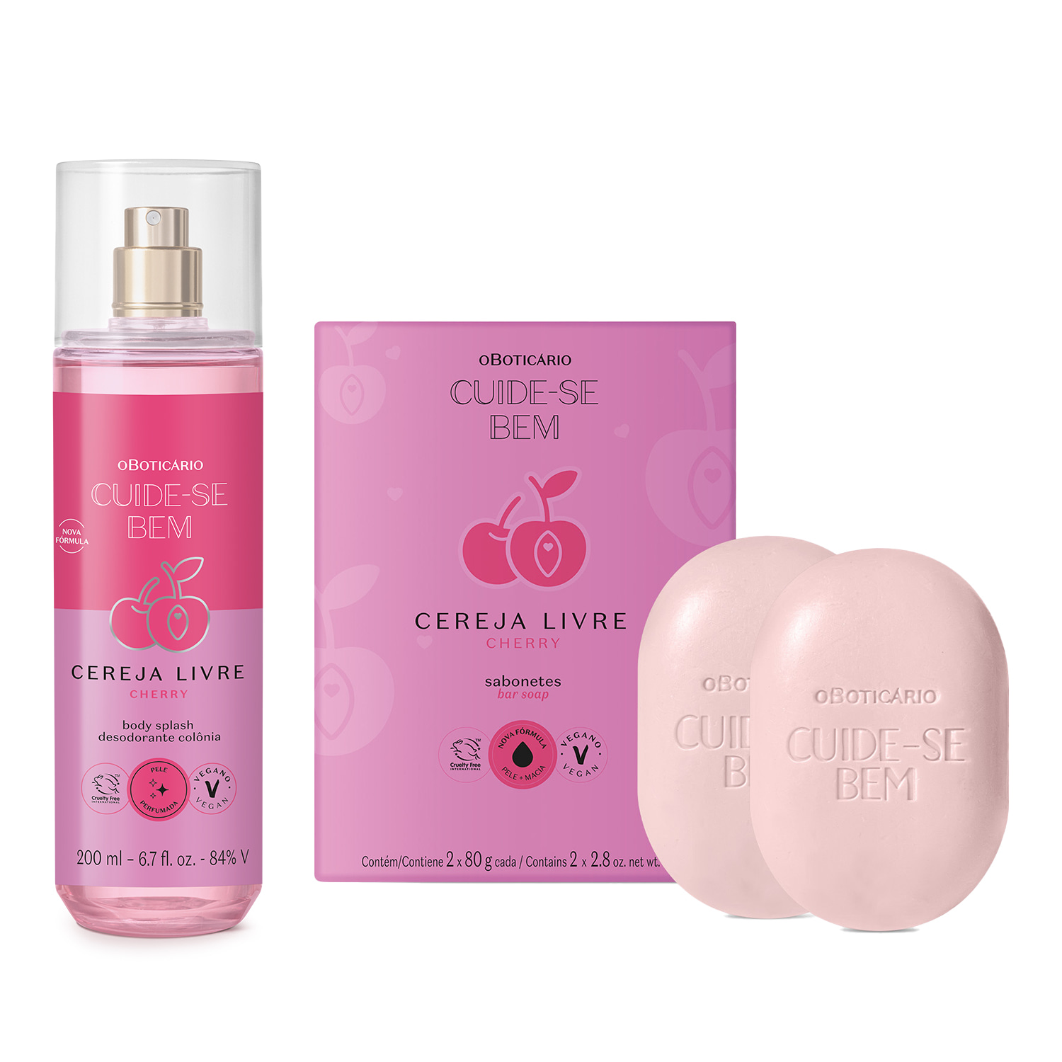 Combo Cuide-se Bem Cereja Livre: Body Splash 200ml+ Sabonetes Em Barra 2x80g