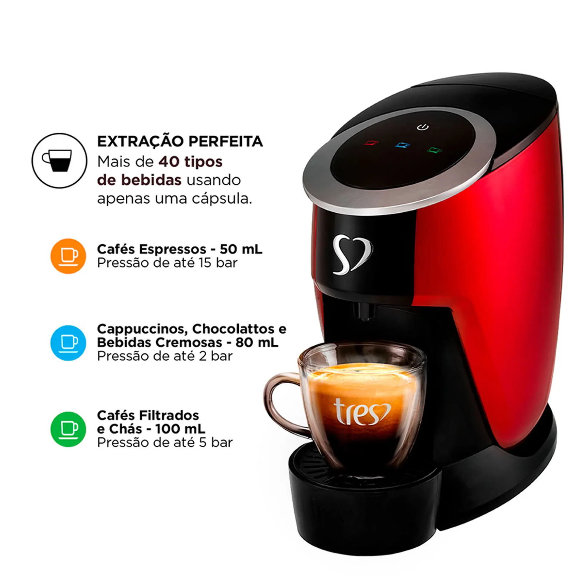 Cafeteira Espresso Três Corações Touch Multibebidas - Vermelho - 110 Volts