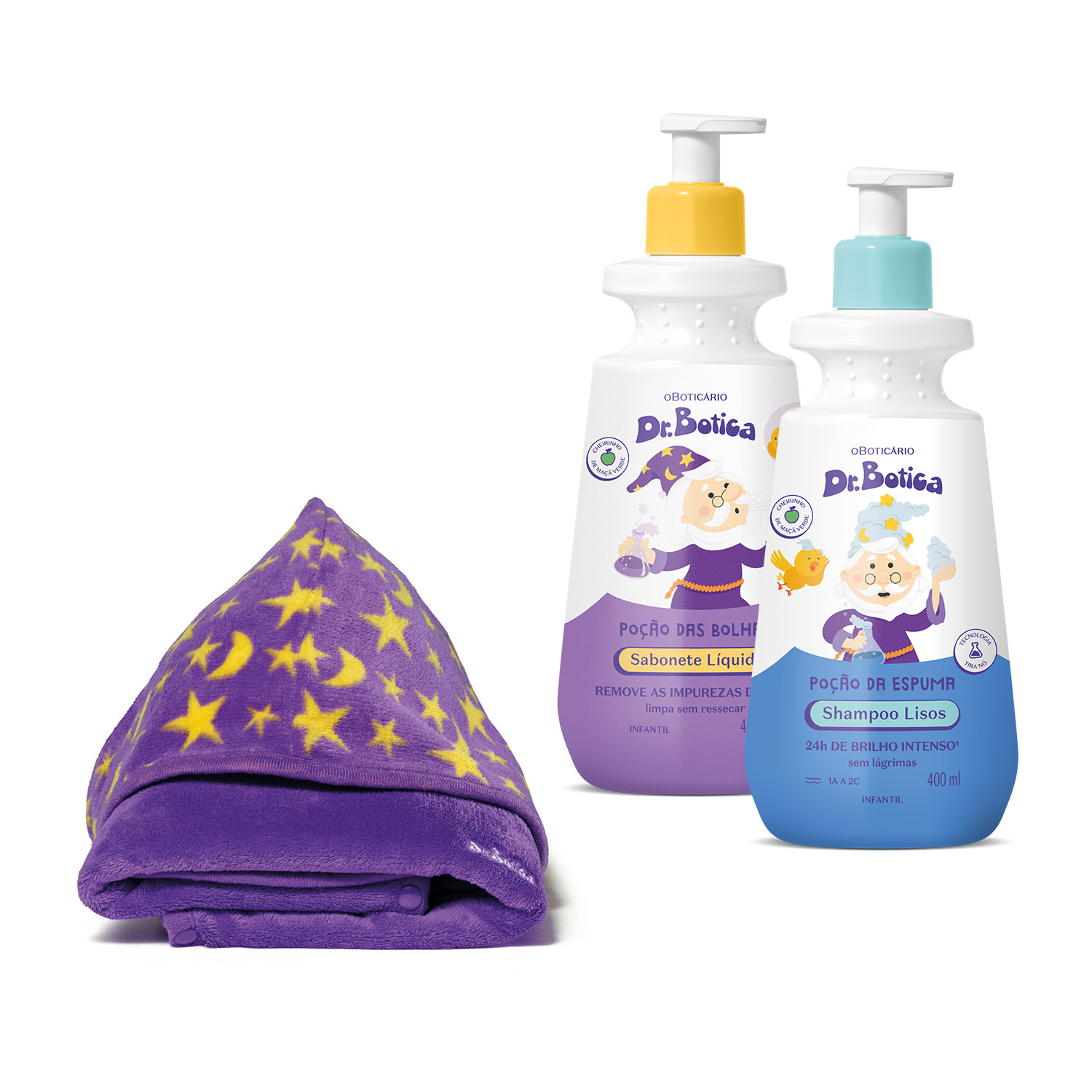 Combo Dr. Botica Hora do Banho: Shampoo Infantil Cabelos Lisos 1A 2C 400ml + Sabonete Líquido Infantil 400ml + Roupão Infantil