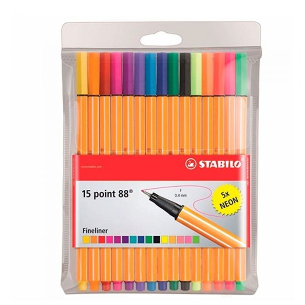 Caneta Hidrográfica Stabilo Point 88/15 Estojo com 10 Unidades + 5 Unidades Neon