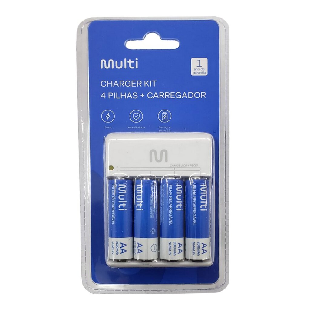 Carregador de Pilhas 4 Pilhas AA/AAA Bivolt Multilaser - CB054 - Vendido 1 Carregador + 4 Pilhas AA Recarregáveis