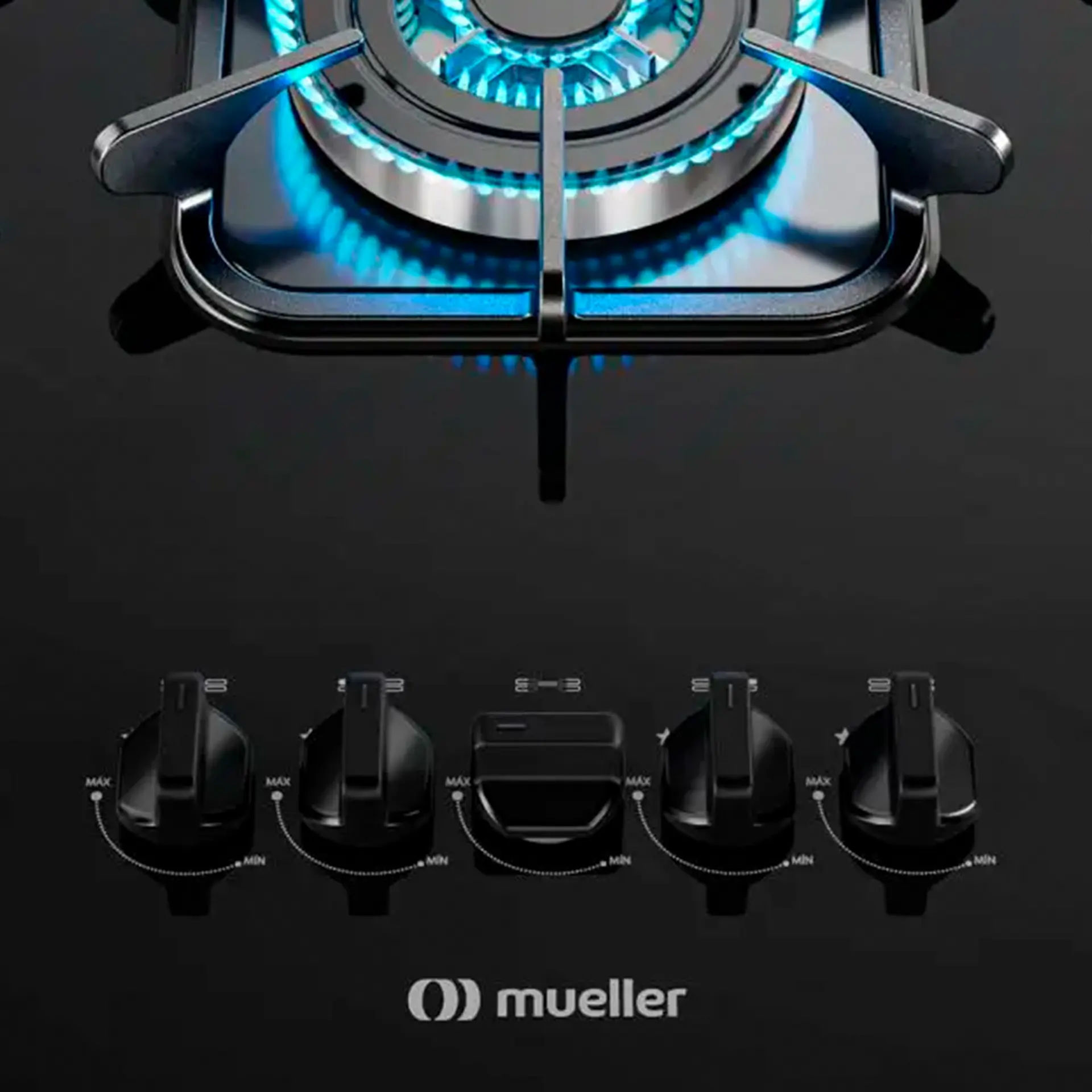 Cooktop a Gás Mueller 5 Bocas Superautomático Tripla Chama Mesa de Vidro - Preto - Bivolt