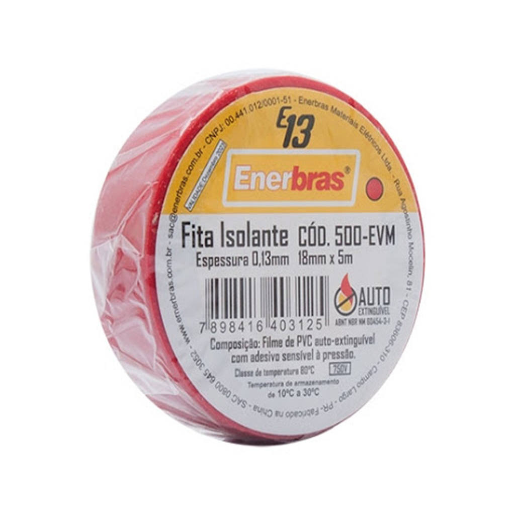Fita Isolante Autoextinguível Enerbras 5 Metros Vermelho - Pacote com 10 Fitas Isolantes - 500-EVM