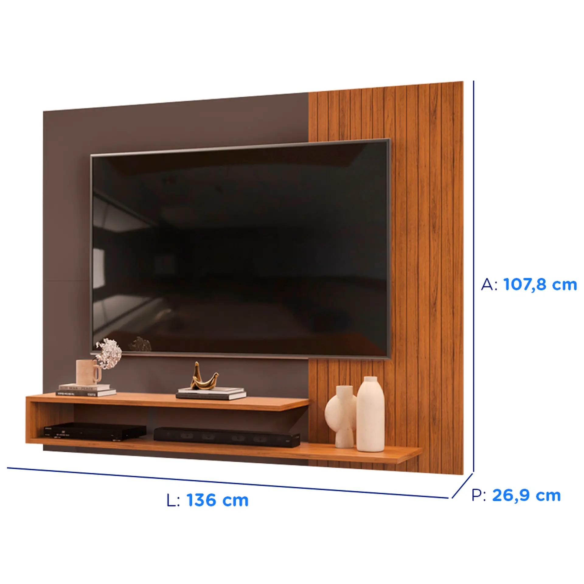 Painel para TV até 50" com 2 Prateleiras e Nicho MDF MDP DJ Móveis Nando - Freijo/Cinza Urbano