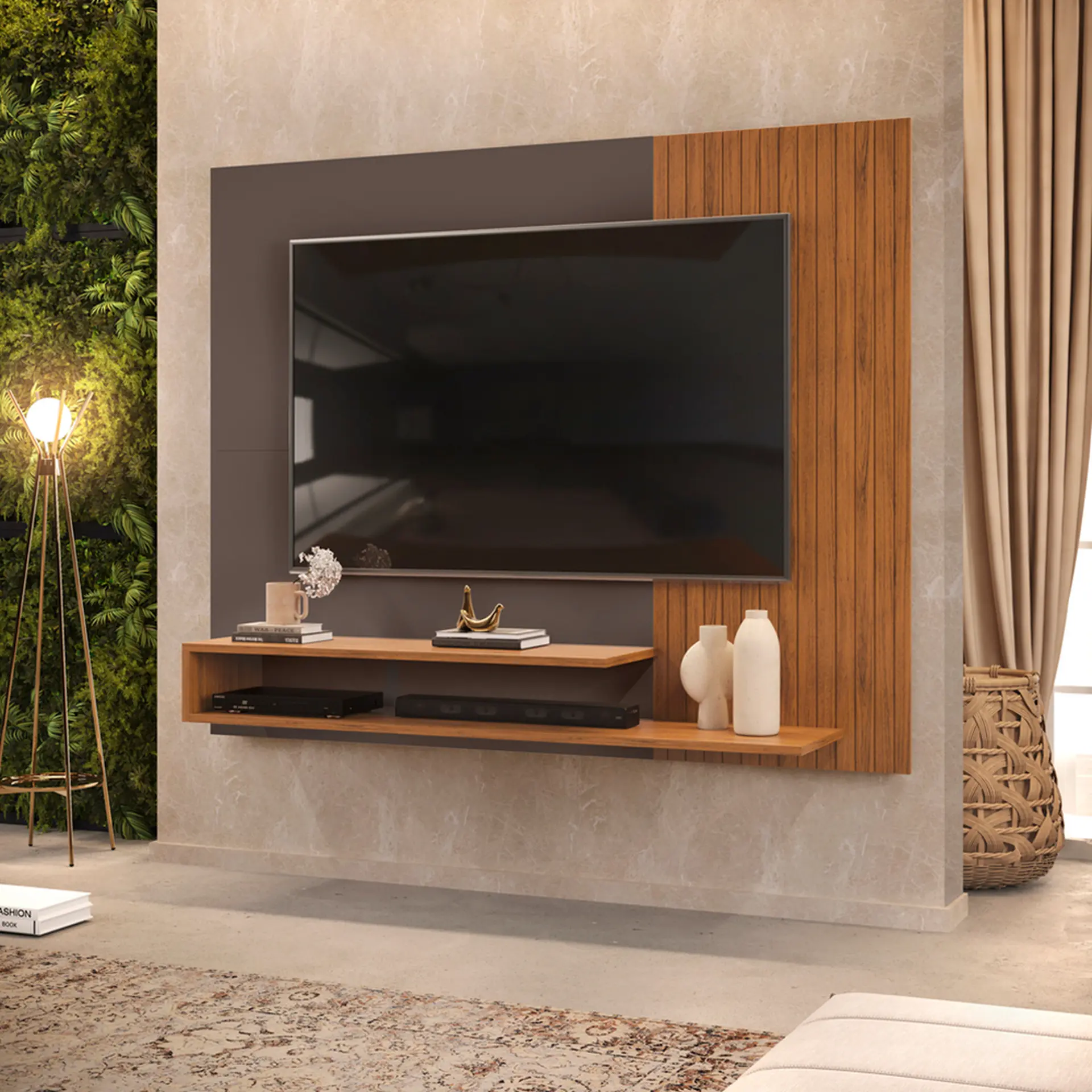 Painel para TV até 50" com 2 Prateleiras e Nicho MDF MDP DJ Móveis Nando - Freijo/Cinza Urbano
