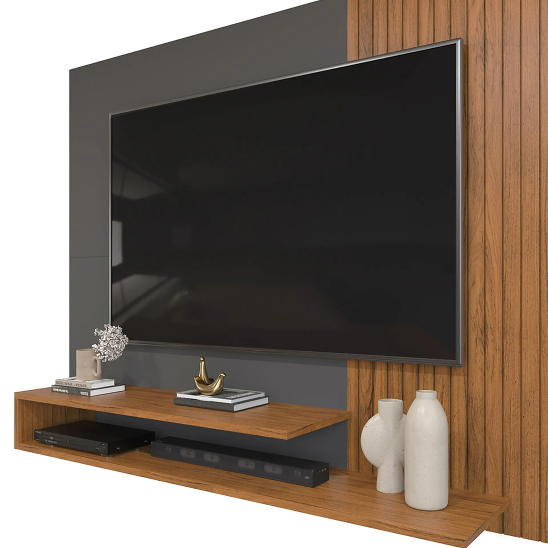 Painel para TV até 50" com 2 Prateleiras e Nicho MDF MDP DJ Móveis Nando - Freijo/Cinza Urbano