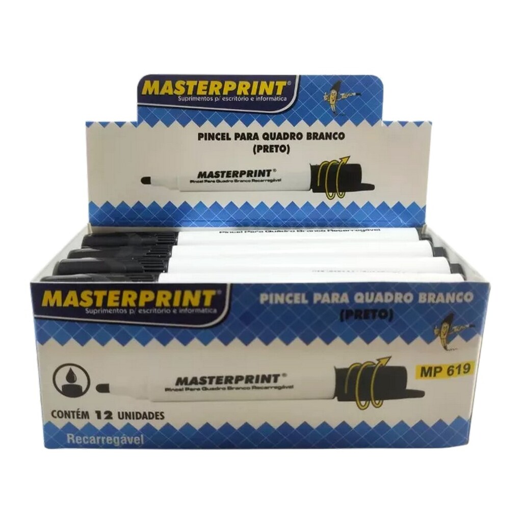 Caneta Quadro Branco Recarregável Preto Caixa com 12 Unidades - Masterprint - MP619