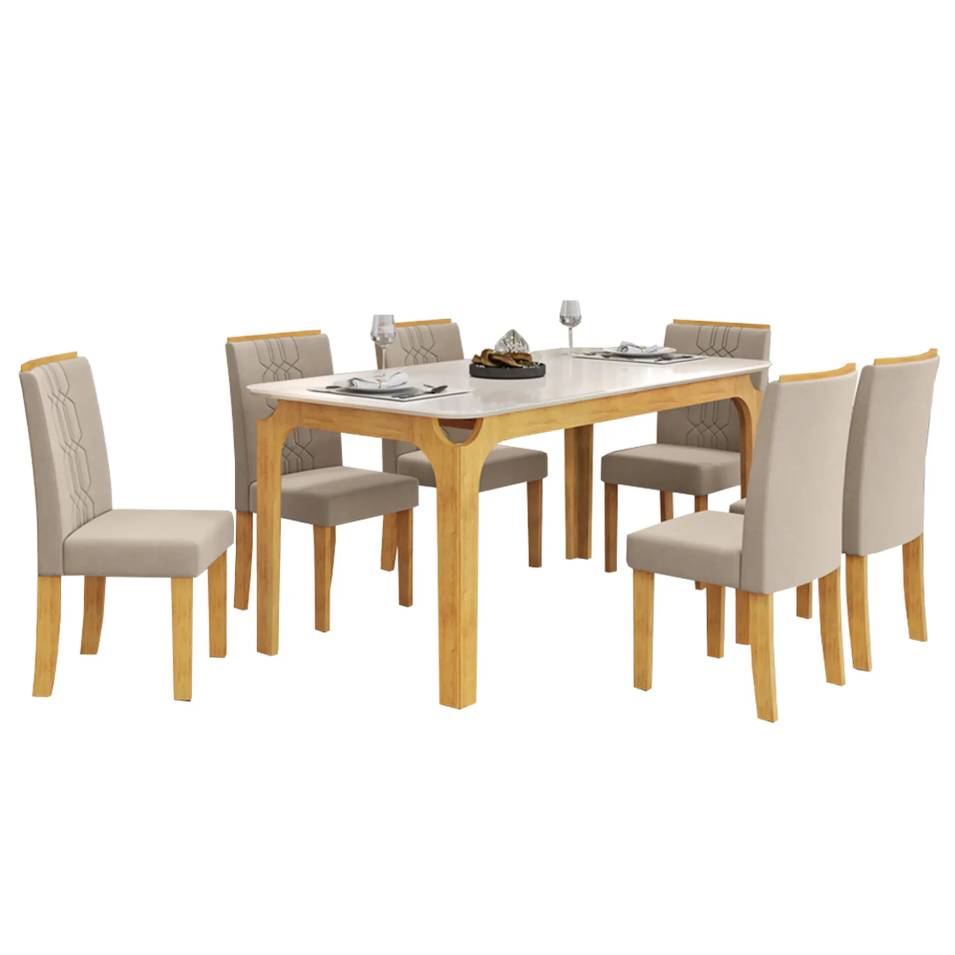 Conjunto de Mesa 6 Cadeiras Com Assento Estofado Marina DJ Móveis - Cedro/off-cedro/veludo creme