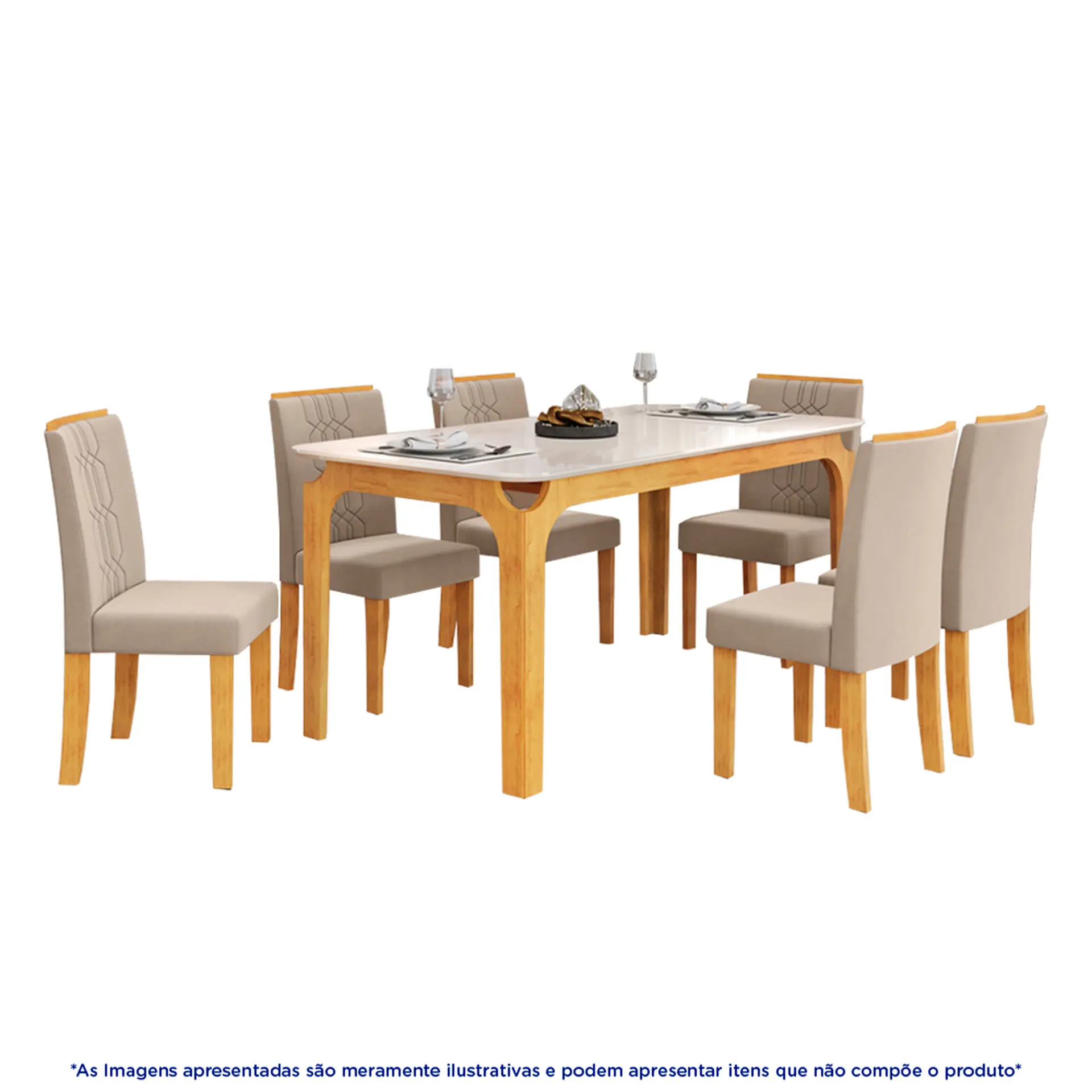 Conjunto de Mesa 6 Cadeiras Com Assento Estofado Marina DJ Móveis - Cedro/off-cedro/veludo creme