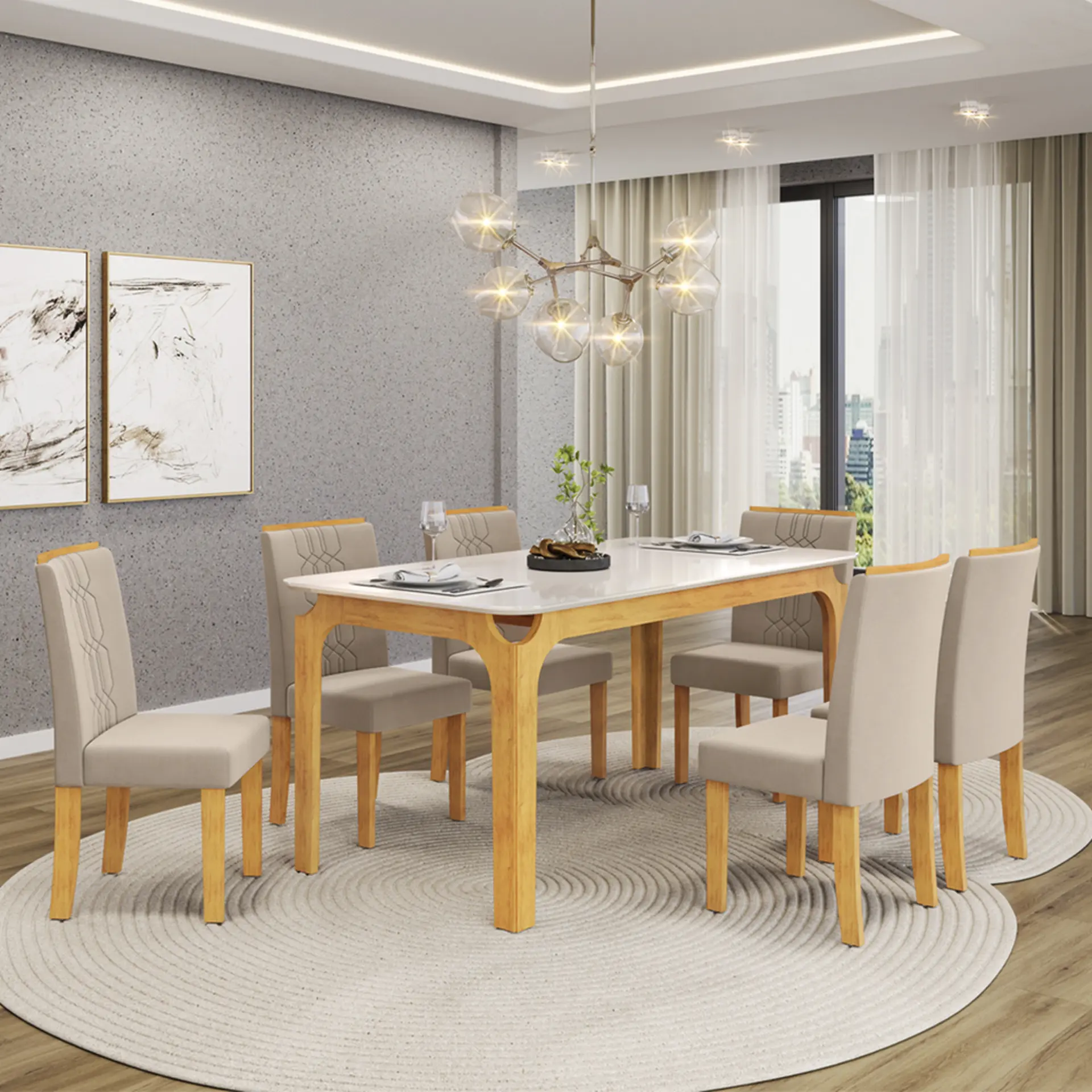 Conjunto de Mesa 6 Cadeiras Com Assento Estofado Marina DJ Móveis - Cedro/off-cedro/veludo creme
