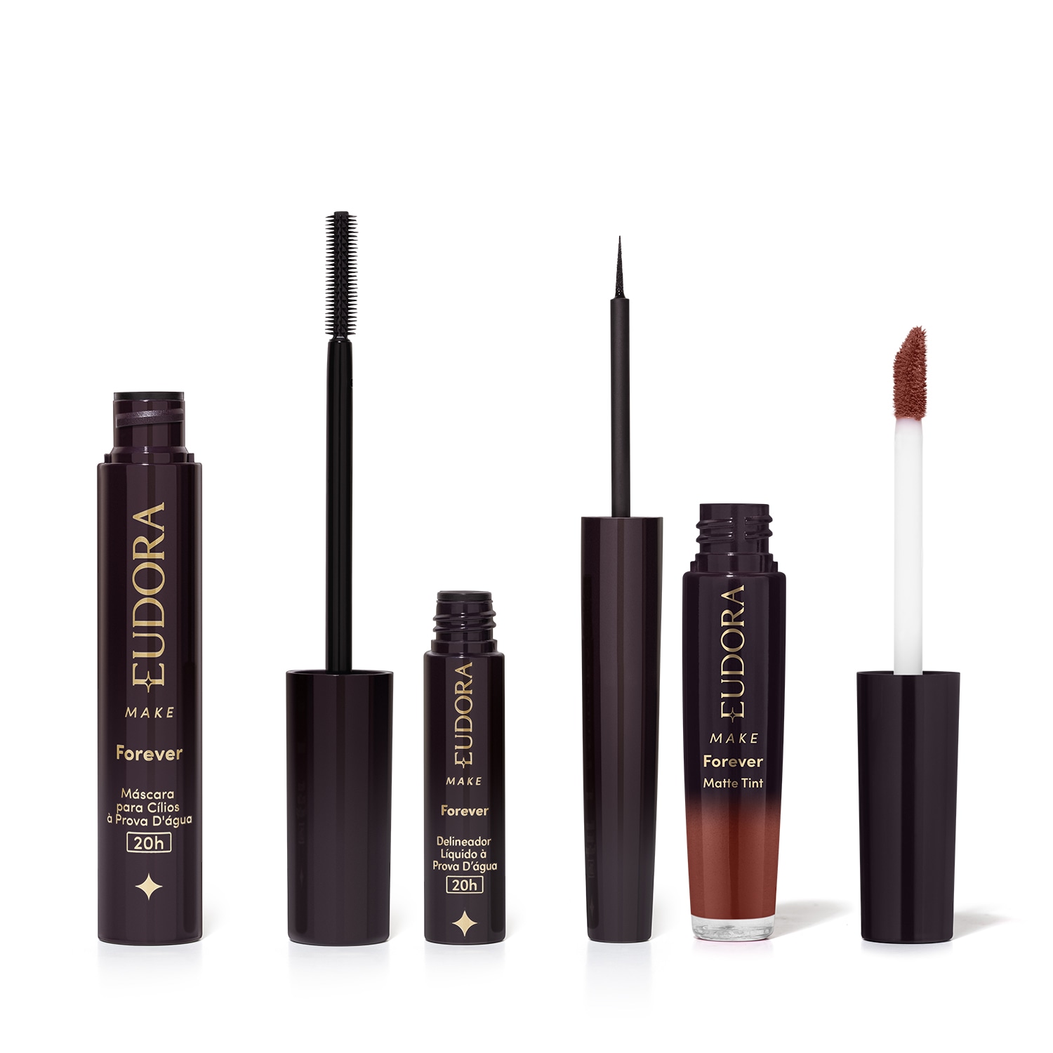 Combo Eudora Make: Máscara Cílios Forever 8g + Delineador Líquido Forever 3ml + Batom Líquido Marrom Nude Icônico 4ml